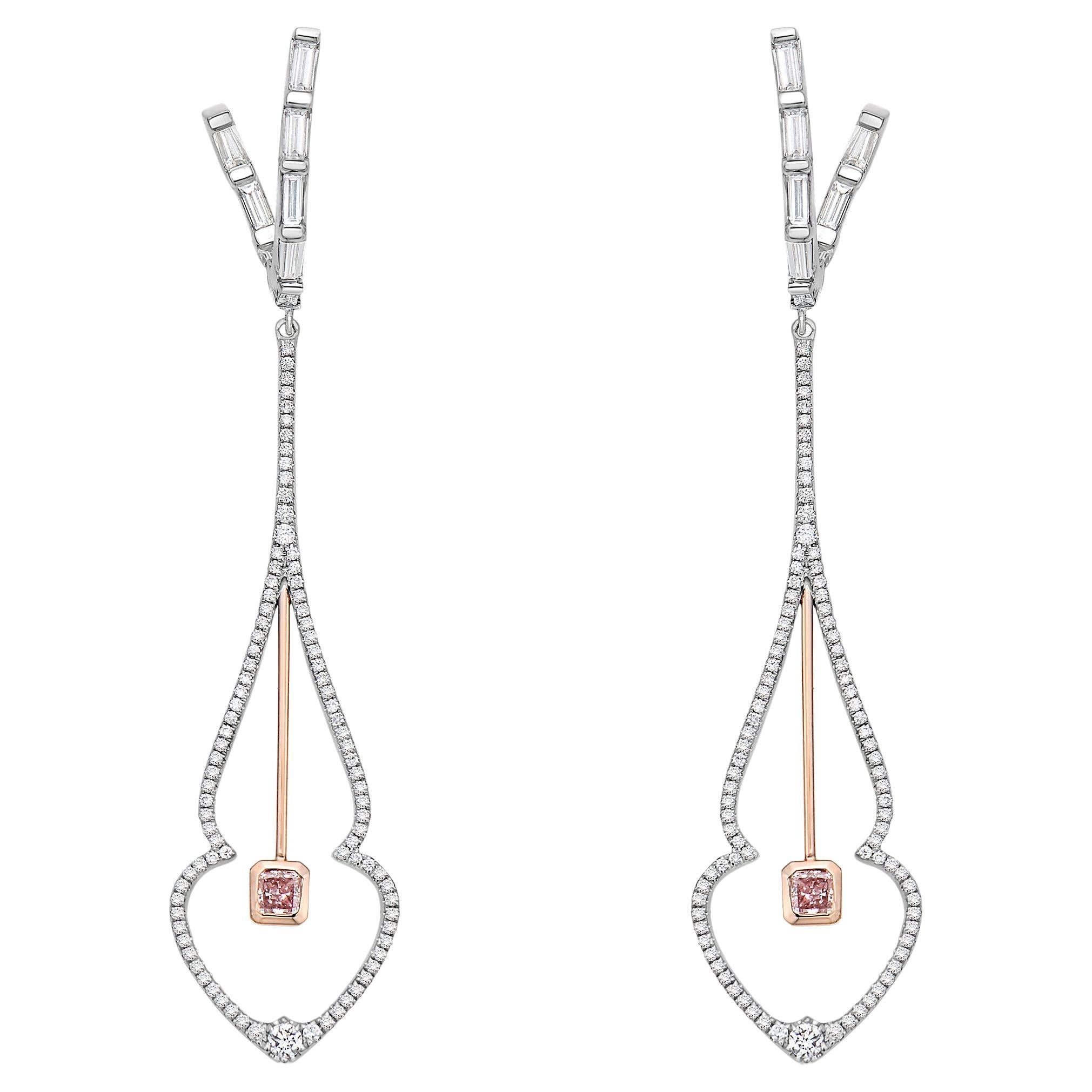 Boucles d'oreilles pendantes en or blanc et rose 18k et diamant rose