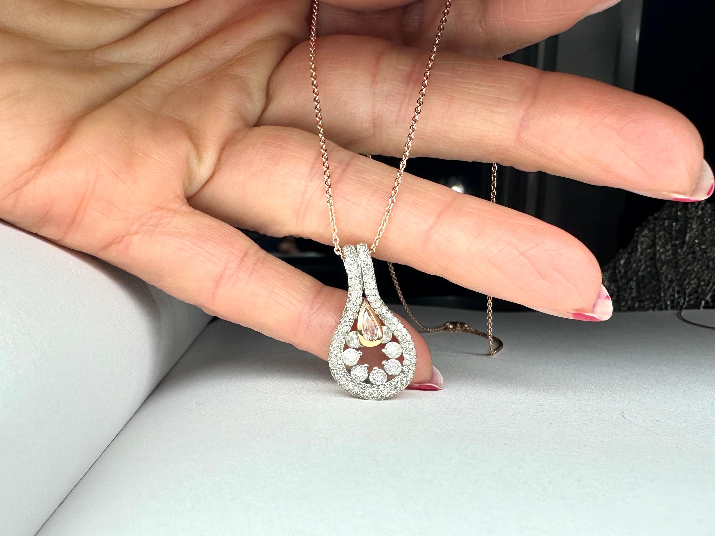Pink Diamond Drop Pendant Necklace 18k White Gold In New Condition For Sale In Rhinebeck, NY