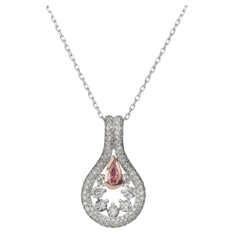 Pink Diamond Drop Pendant Necklace 18k White Gold For Sale at 1stDibs