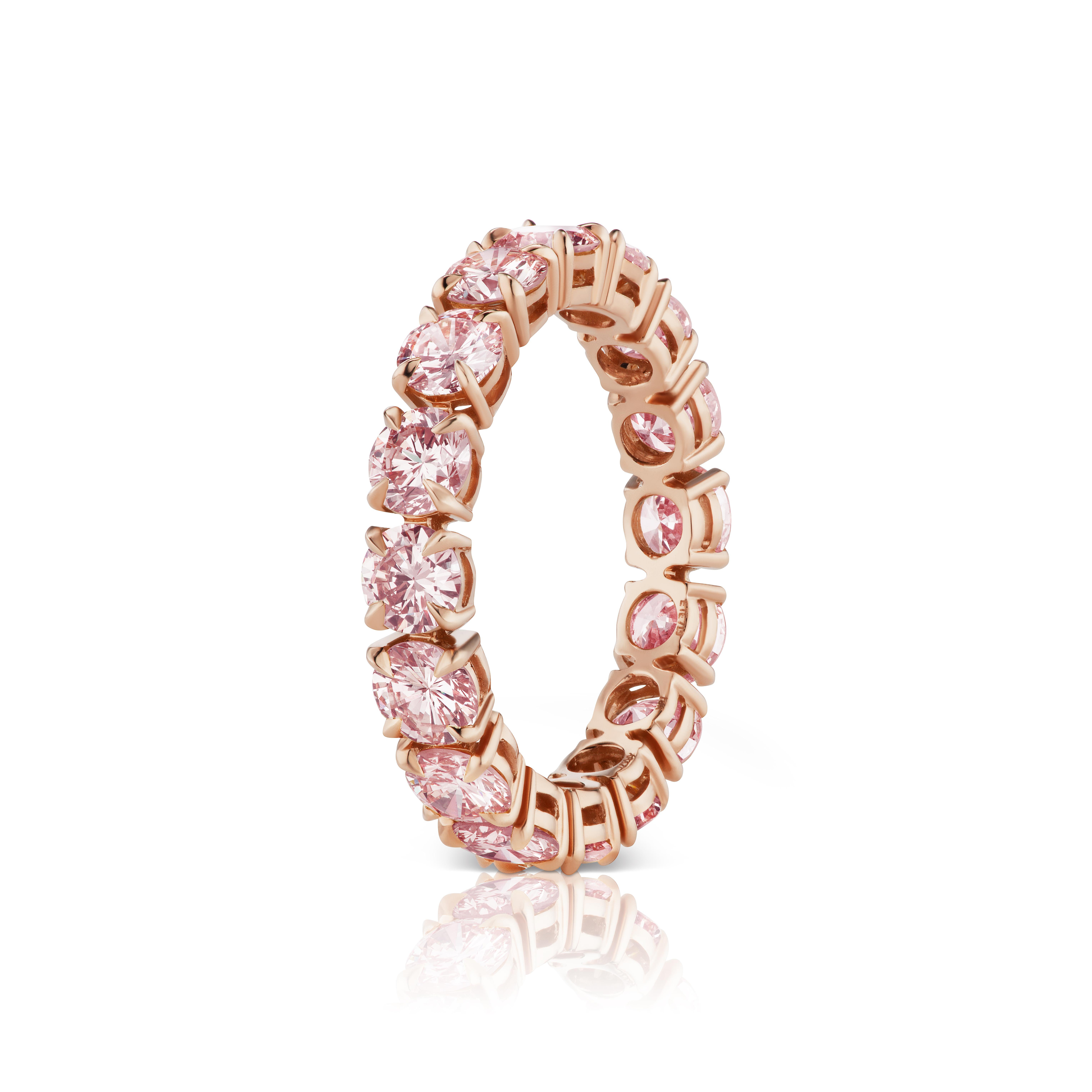 16 Round Pink Diamonds weighing between 0.15-0.22 Carat Each set in a 4-prong Eternity Band Style using 18 Karat Rose Gold. 
2.88 Carat Total weight.
Size 5.5. Can be resized.
