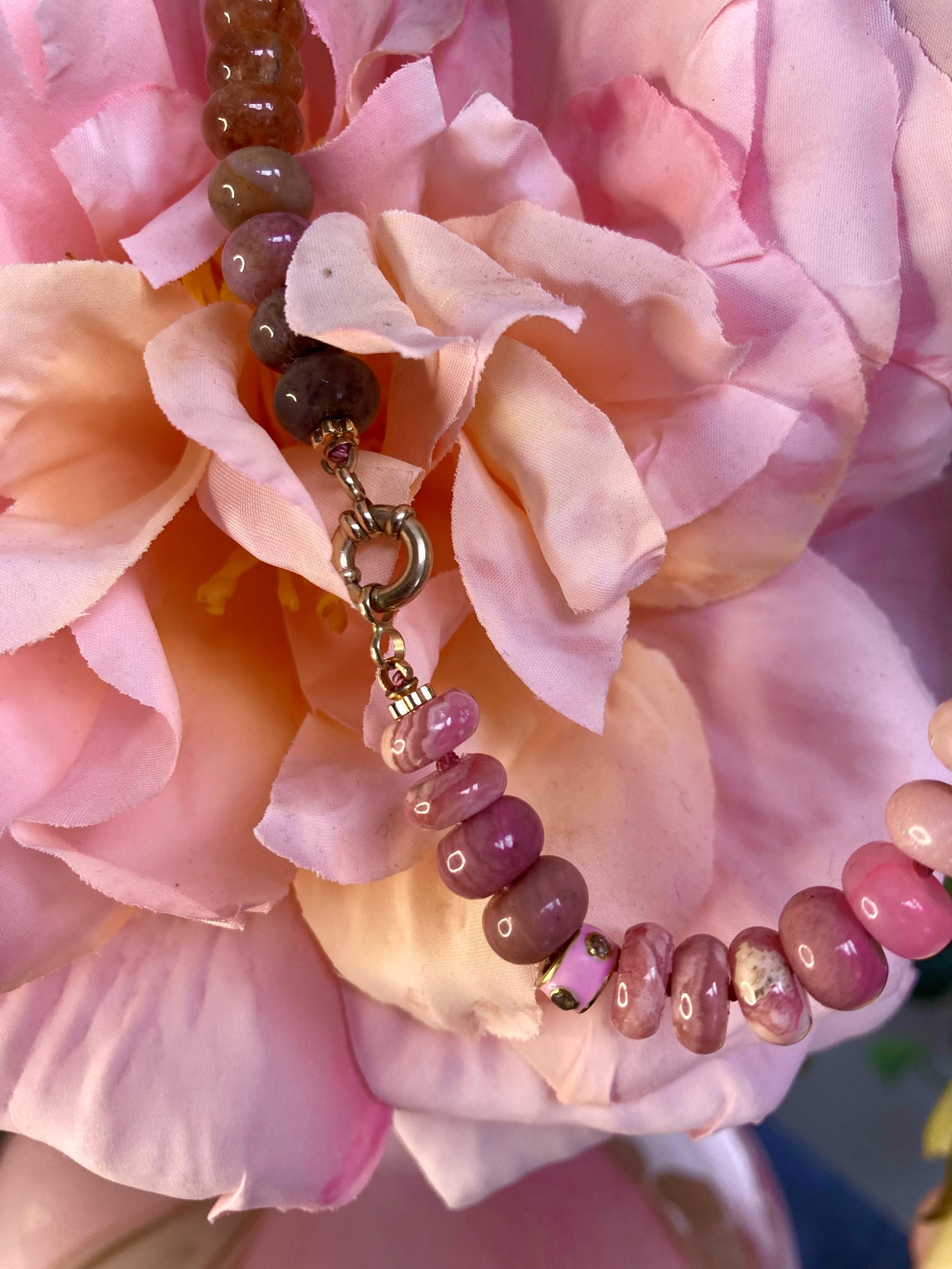 Bead Genuine Pink Sapphire and Opal Diamond Yellow Gold Necklace For Sale