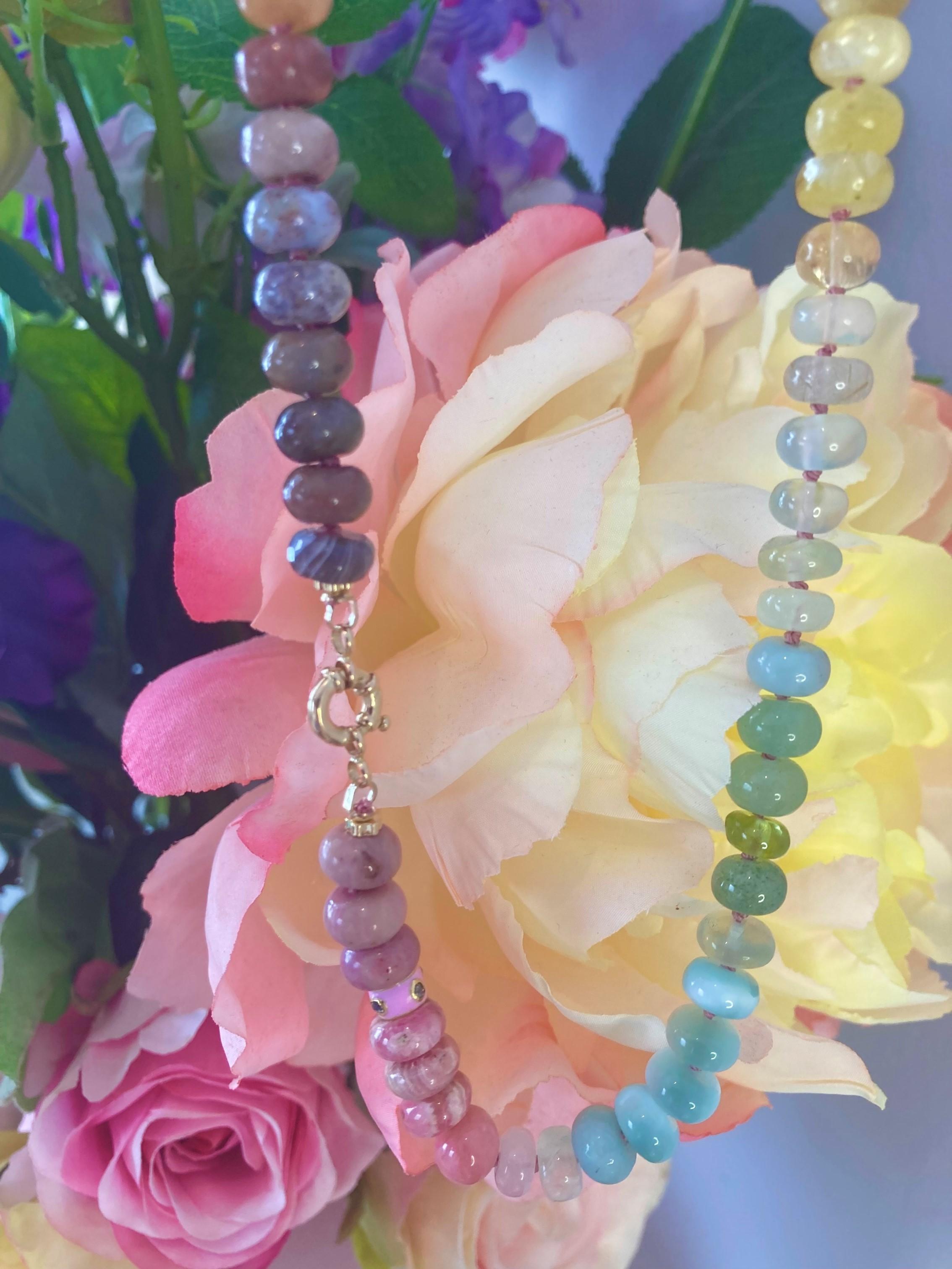 Genuine Pink Sapphire and Opal Diamond Yellow Gold Necklace For Sale 1