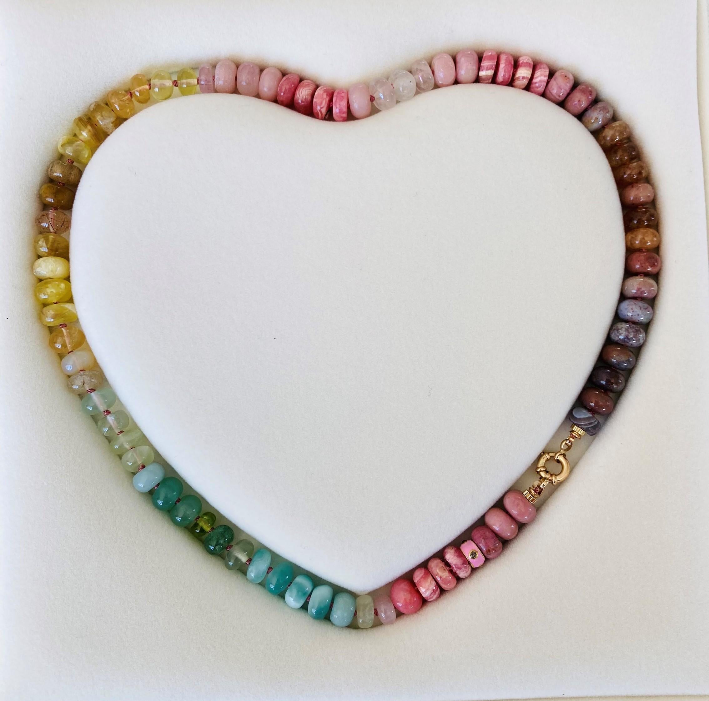 Genuine Pink Sapphire and Opal Diamond Yellow Gold Necklace For Sale 2