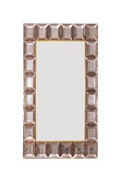  Large Pink Diamond Cut Murano Glass Mirror, In Stock