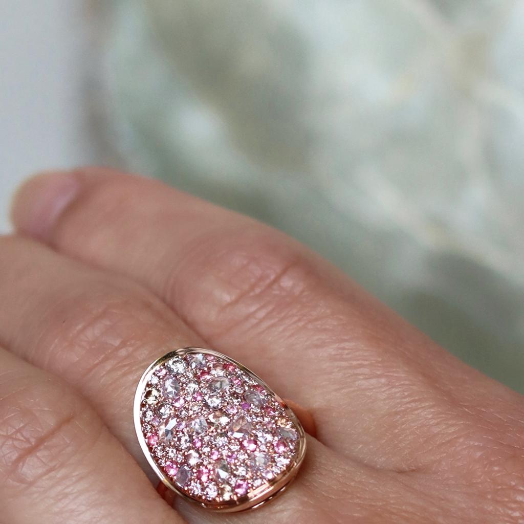Art Nouveau Pink Diamond Padparadscha Sapphire Intense Pink Spinel Mosaic Pave Ring