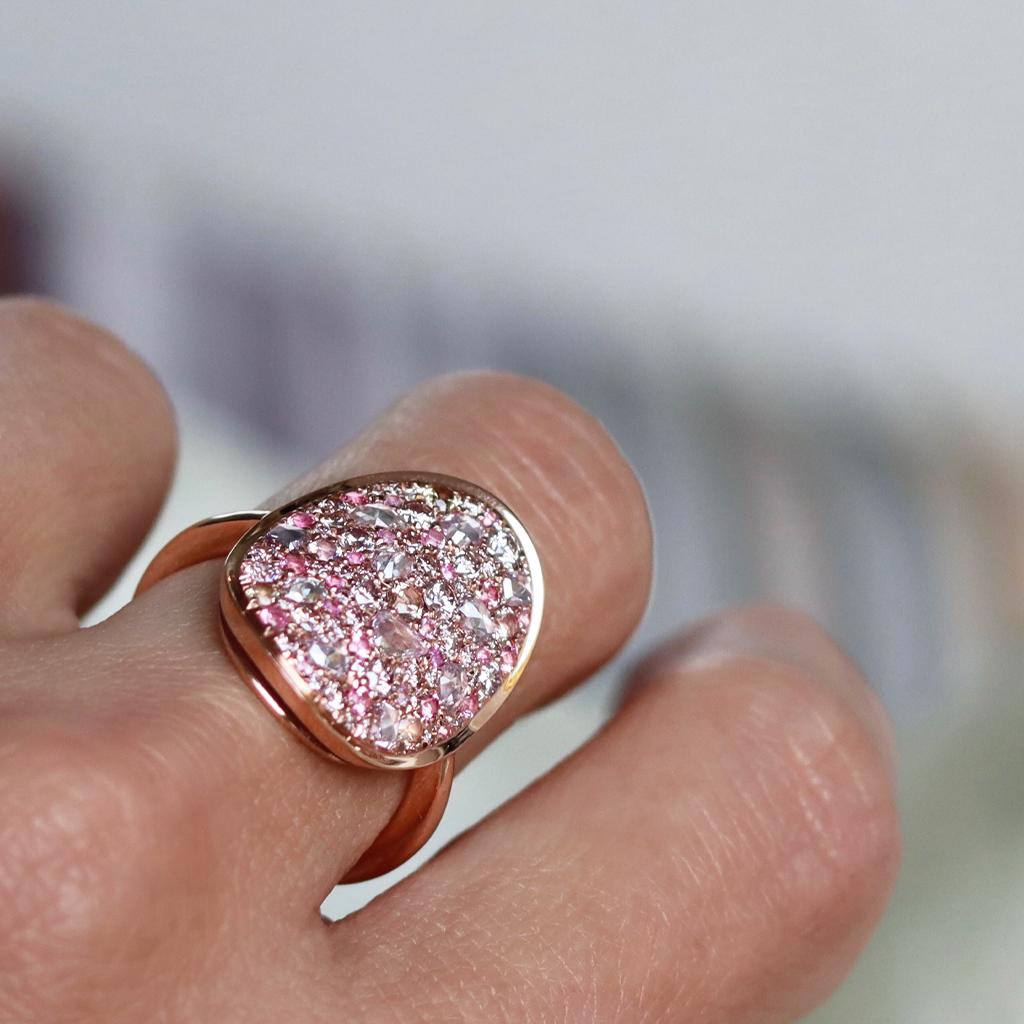 Rose Cut Pink Diamond Padparadscha Sapphire Intense Pink Spinel Mosaic Pave Ring
