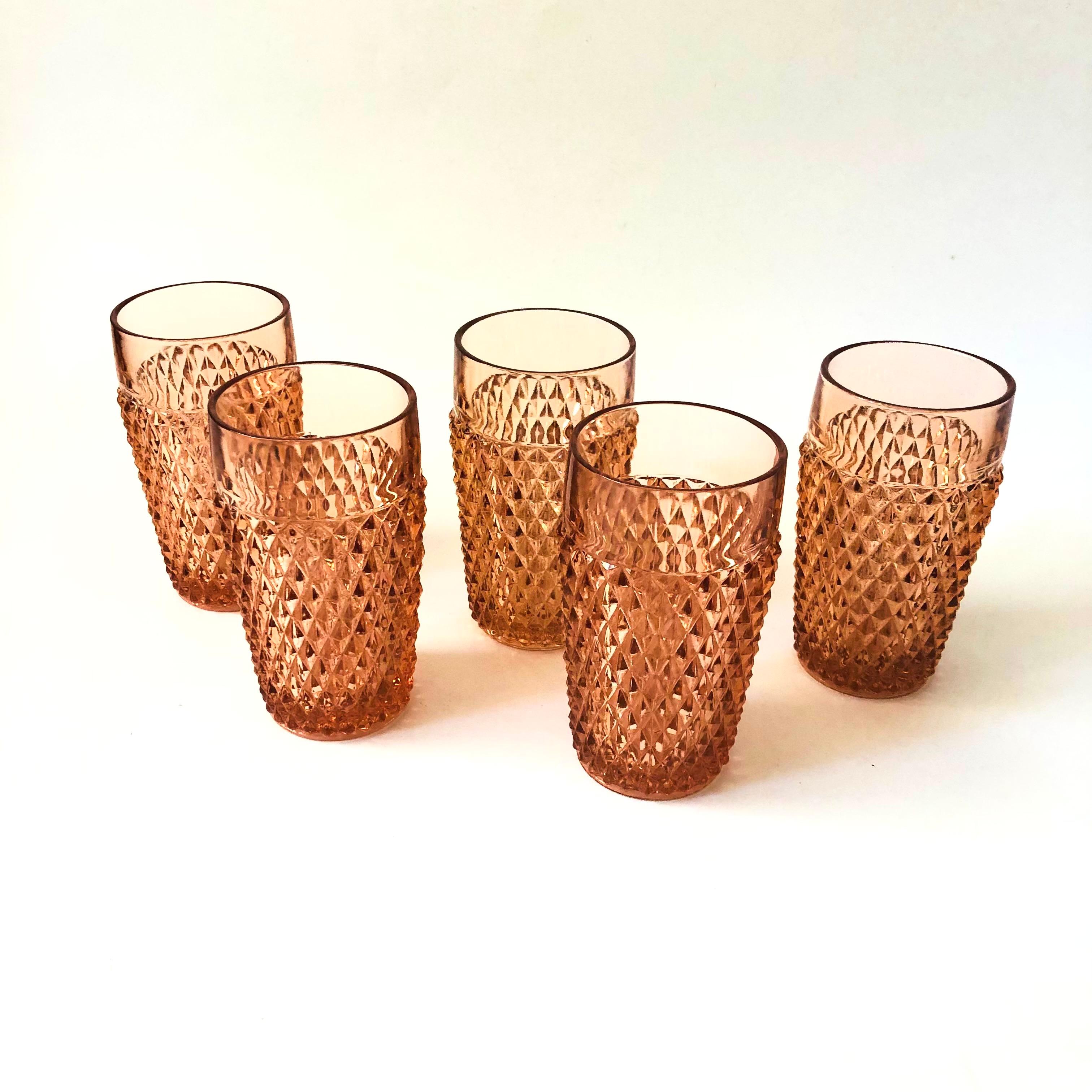 Art Deco Pink Diamond Point Tumblers by Indiana Glass - Set of 5