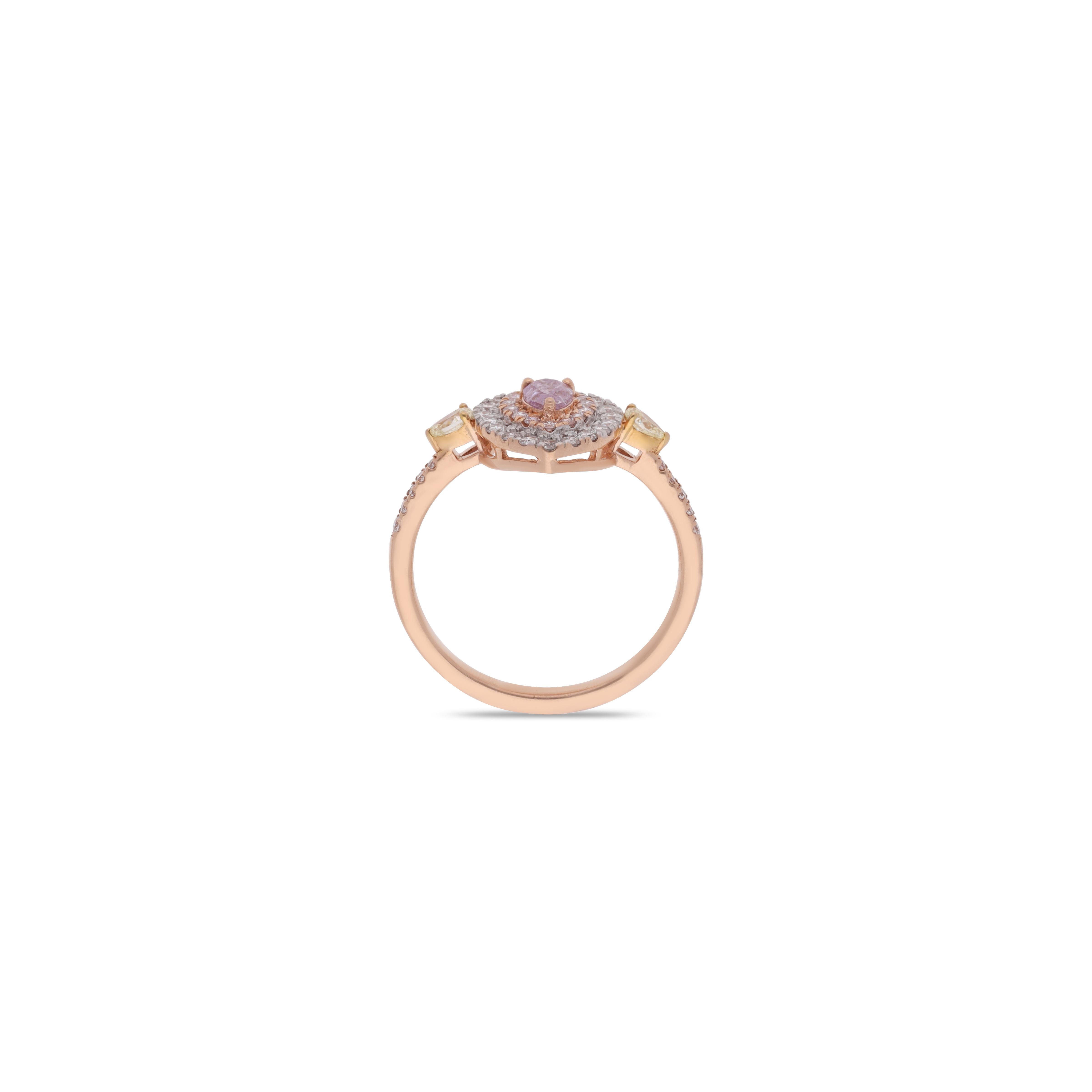 A pink diamond ring surrounded by white diamonds is a striking piece that combines the rarity of a pink diamond with the brilliance of white diamonds. The central pink diamond, known for its unique and captivating color, is beautifully accentuated