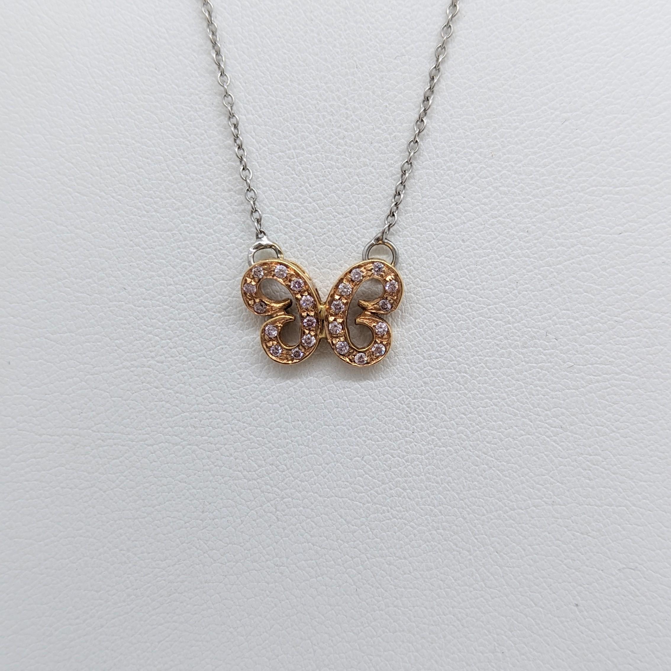 Pink Diamond Round Butterfly Pendant Necklace in 18K 2 Tone Gold In New Condition For Sale In Los Angeles, CA