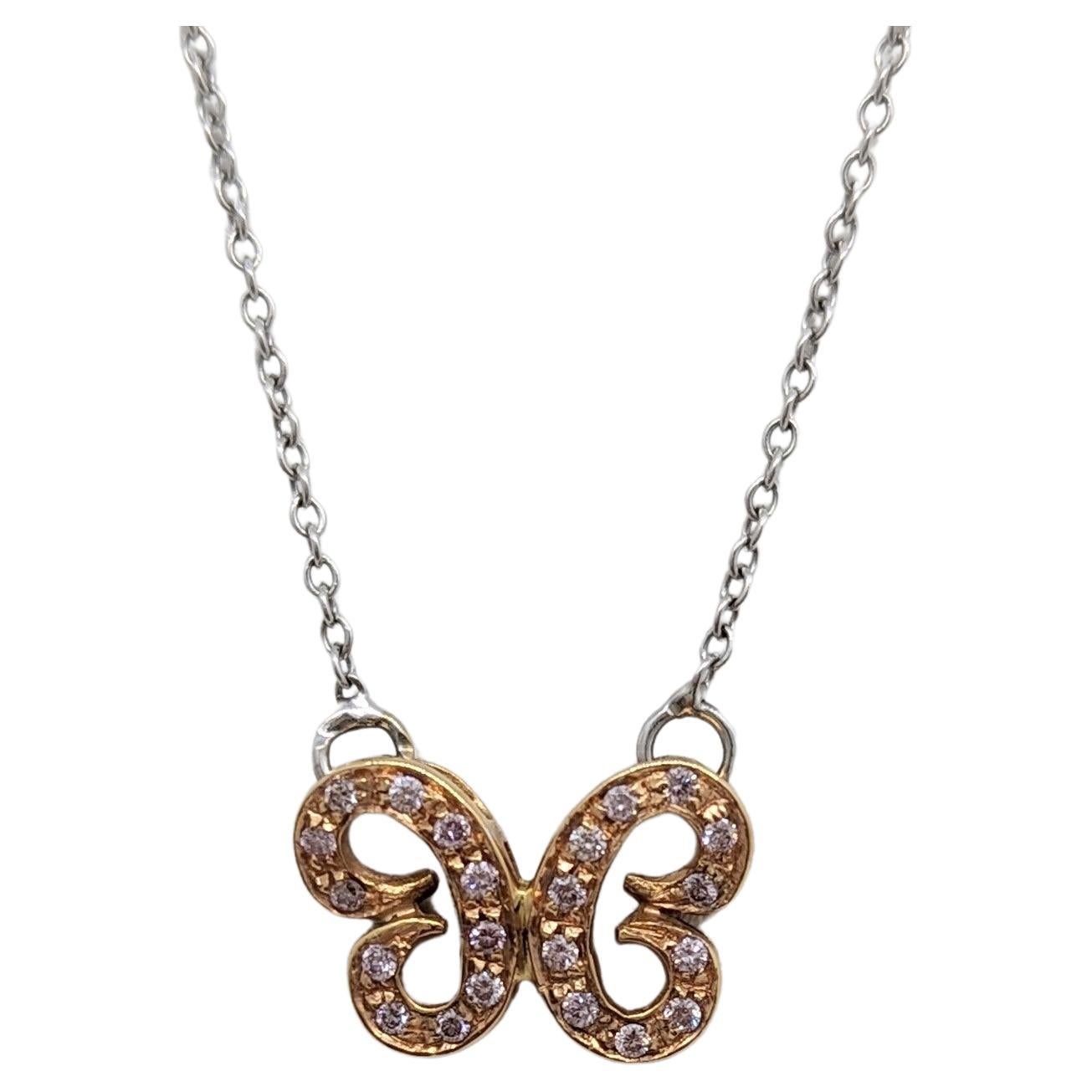 Pink Diamond Round Butterfly Pendant Necklace in 18K 2 Tone Gold For Sale