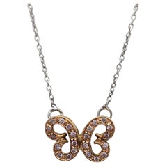 Pink Diamond Round Butterfly Pendant Necklace in 18K 2 Tone Gold