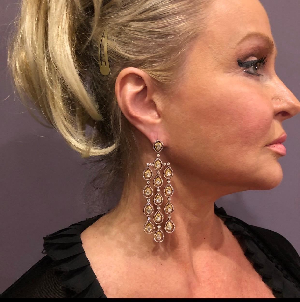 Women's Pink Diamond, Yellow Diamond and White Diamond Long Dangle Chandelier Earrings For Sale