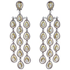Pink Diamond, Yellow Diamond and White Diamond Long Dangle Chandelier Earrings