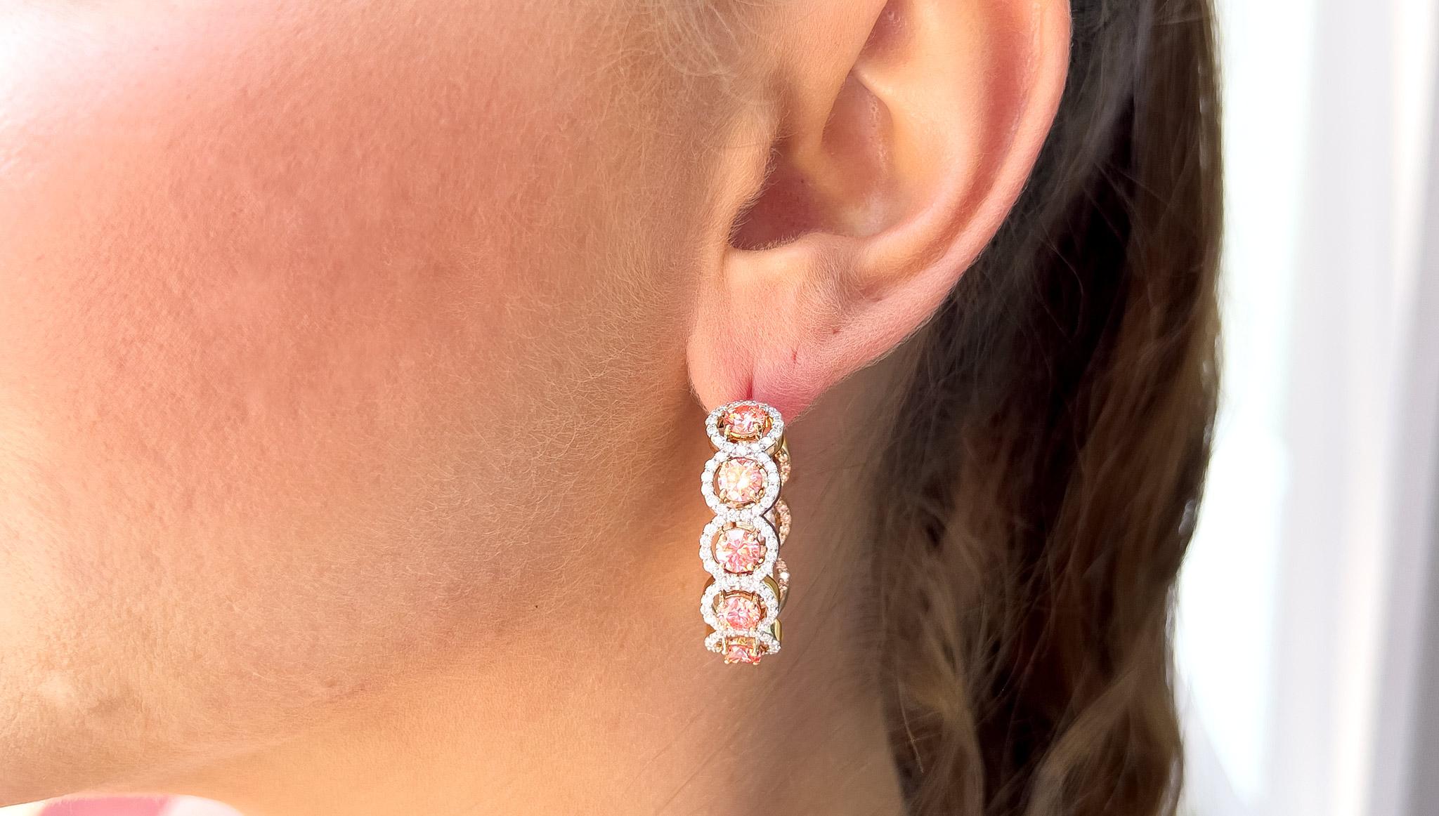 Round Cut Pink Diamonds 4.50 Carats Earrings with 4 Carats of White Diamonds 18K Gold