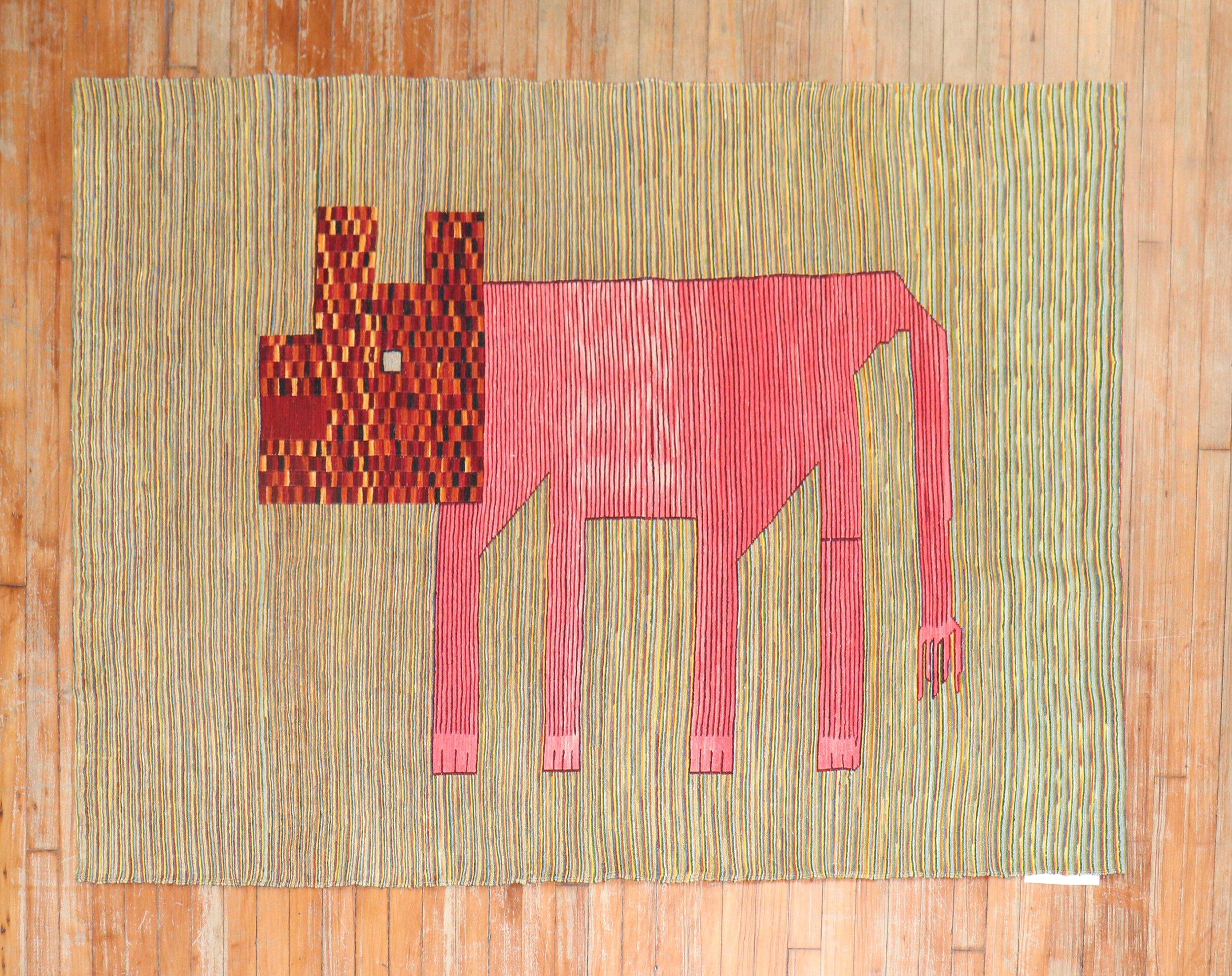 Accent size Persian kilim from the late 20th century with a Pink Dog on a colorful striped field

Measures: 4'3'' x 511''.

This was originally belonging to a private Persian collector who requested to make a custom collection of flat-weaves