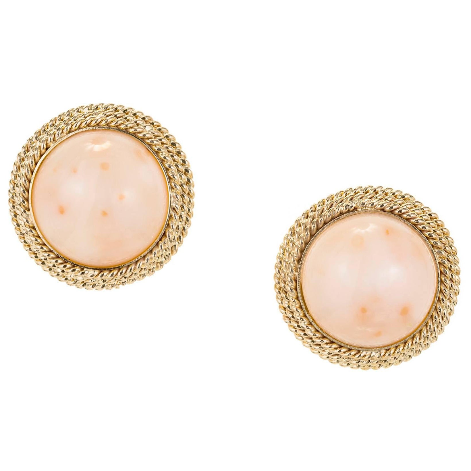 Pink Dome Coral Mid Century Yellow Gold Clip Post Earrings For Sale