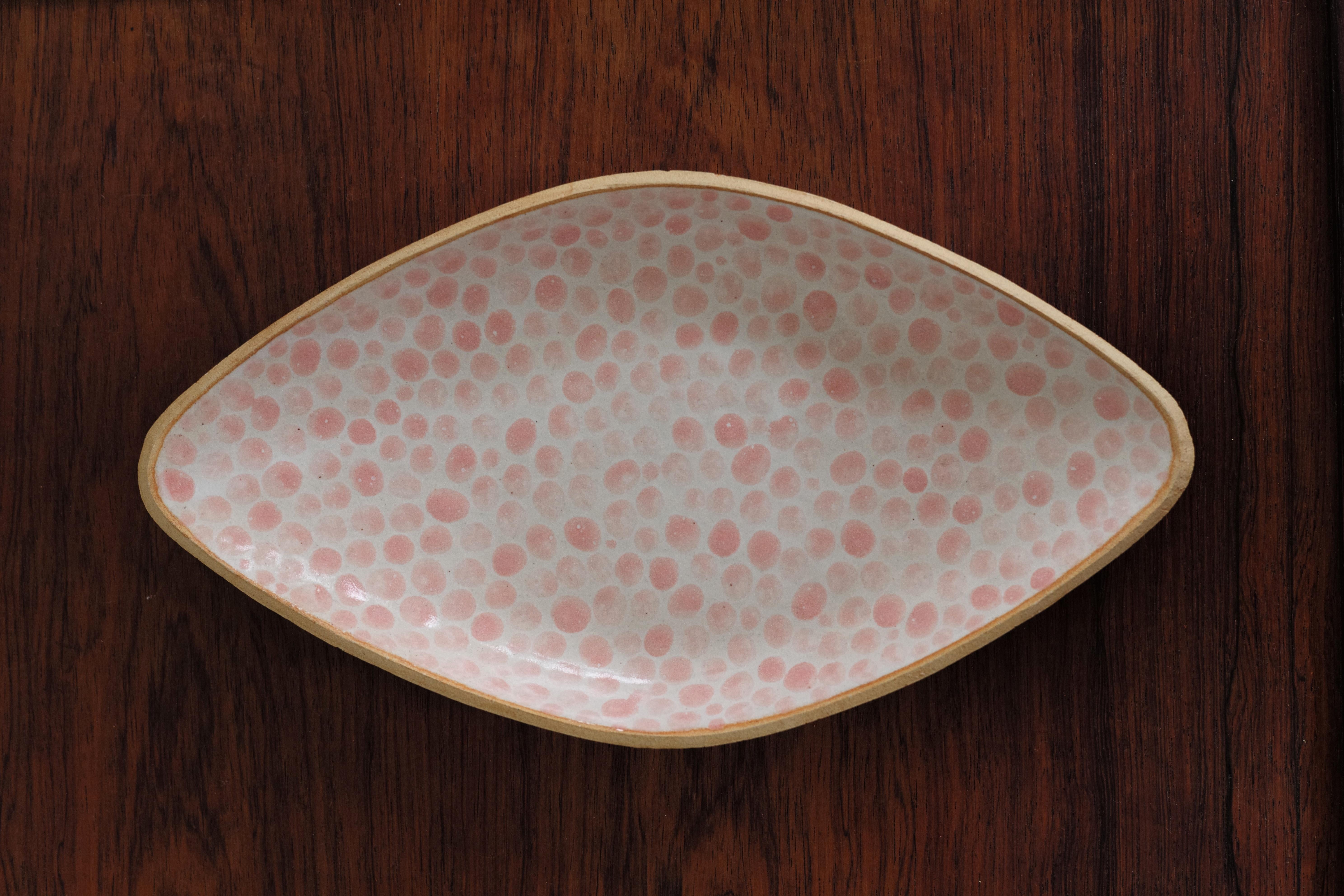 Handmade dish with elegant lifted corners. Made in 2019. Electric fired ceramic with hand painted glaze. Unique piece.
