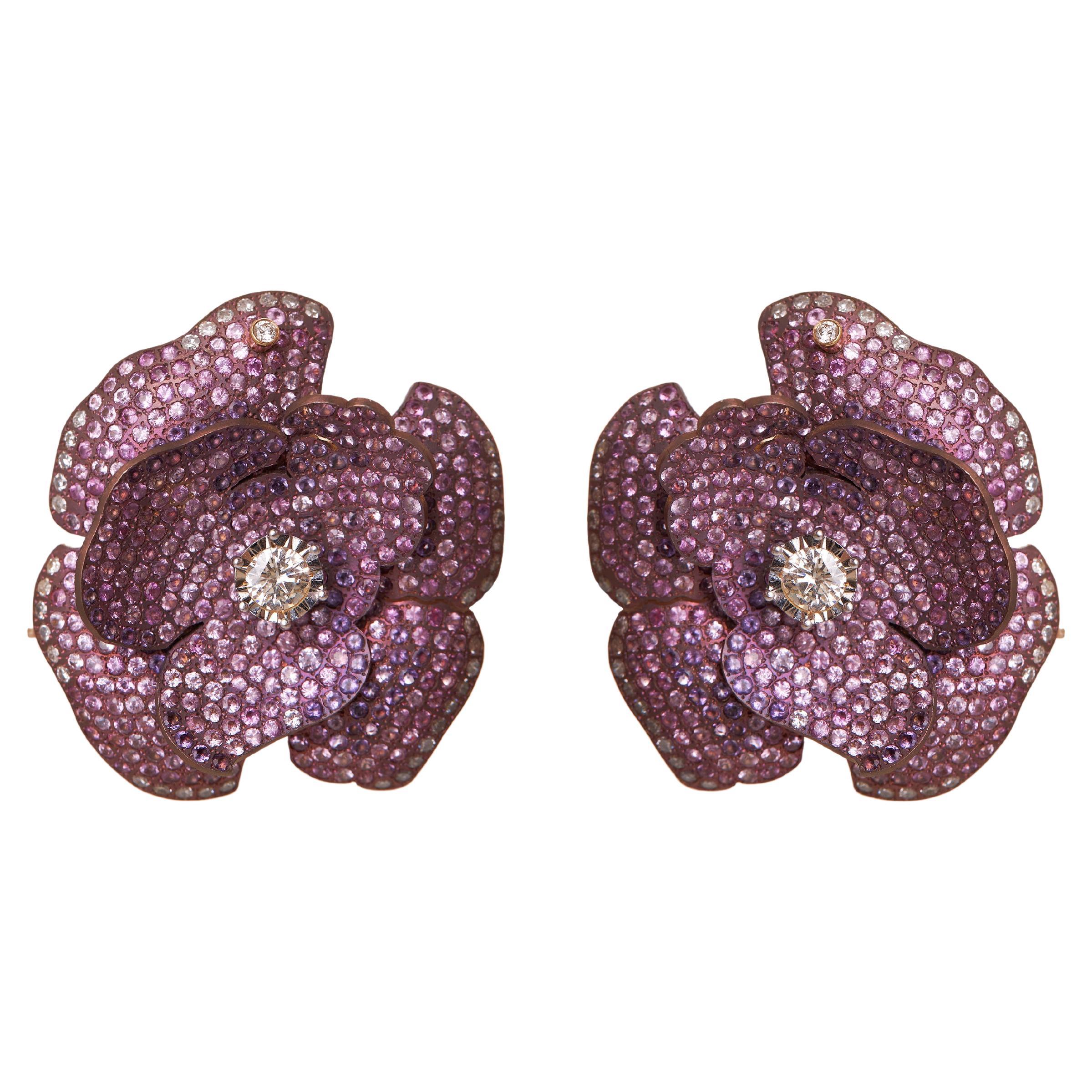 Pink Double Flower Earrings - Titanium, 18KT Gold & Diamonds