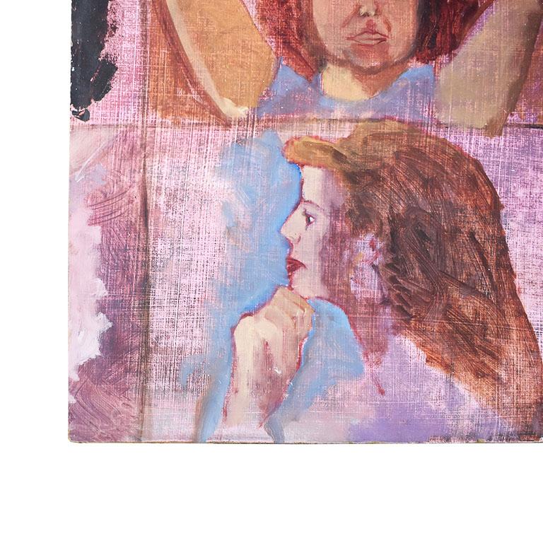 An original portrait painting by artist Clair Seglem. This piece is interesting in that it features two subjects, one on top and one on bottom. The subject in the first painting on the top is of a child with curly red hair. She wears a blue shirt,