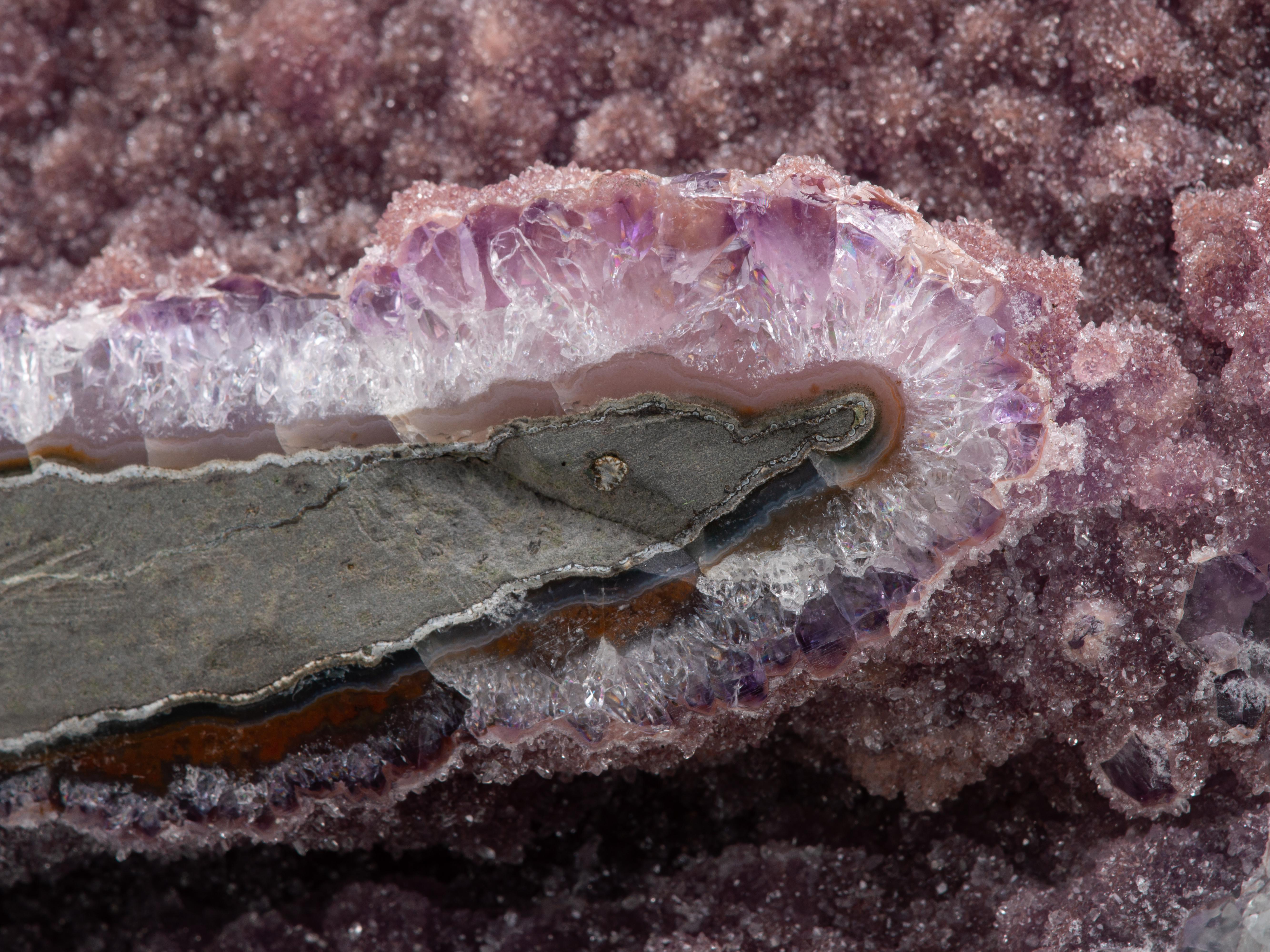 Pink Druzy Amethyst Sculptural Formation with Central Calcite Crystal For Sale 1