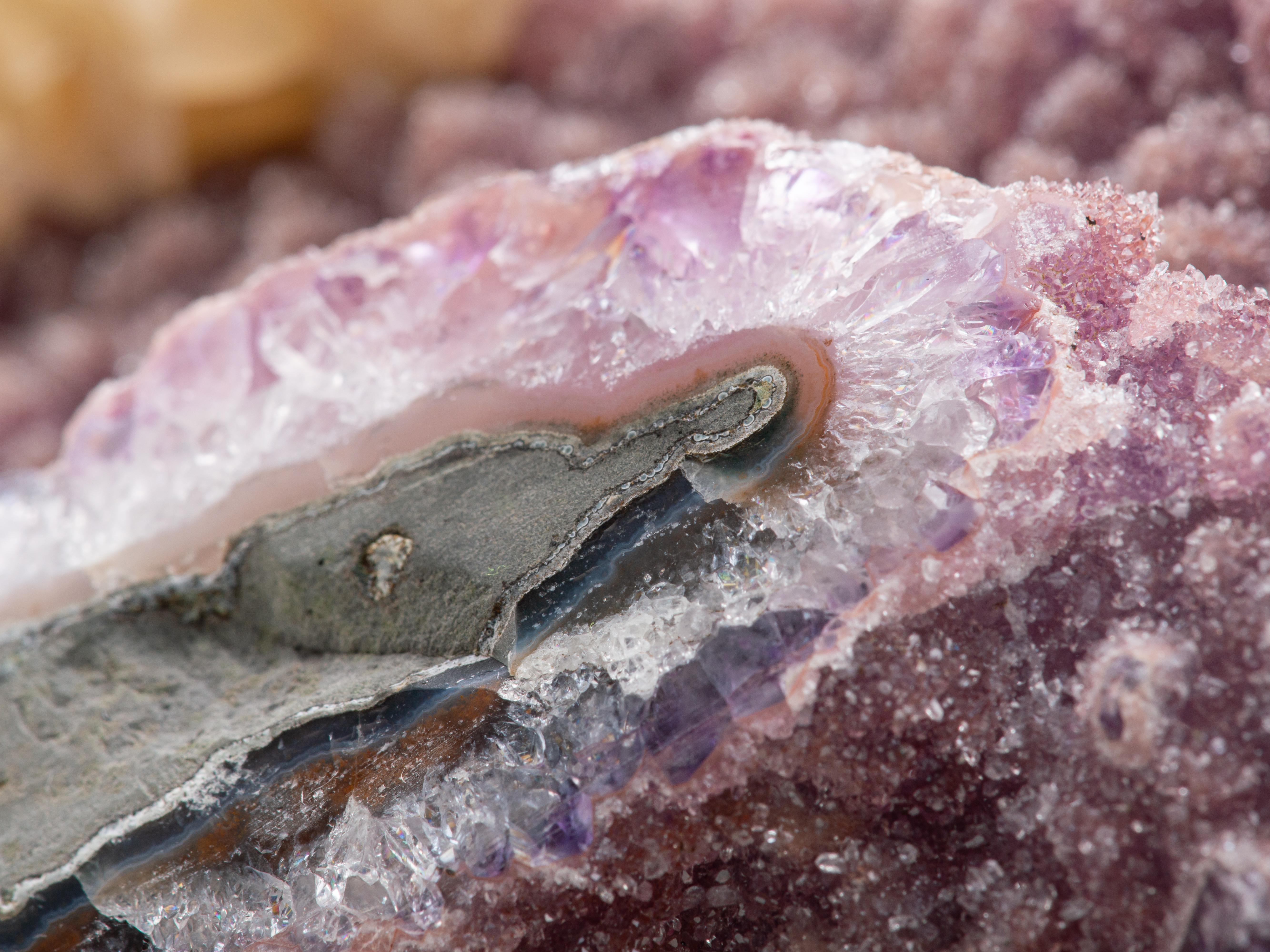Pink Druzy Amethyst Sculptural Formation with Central Calcite Crystal For Sale 5