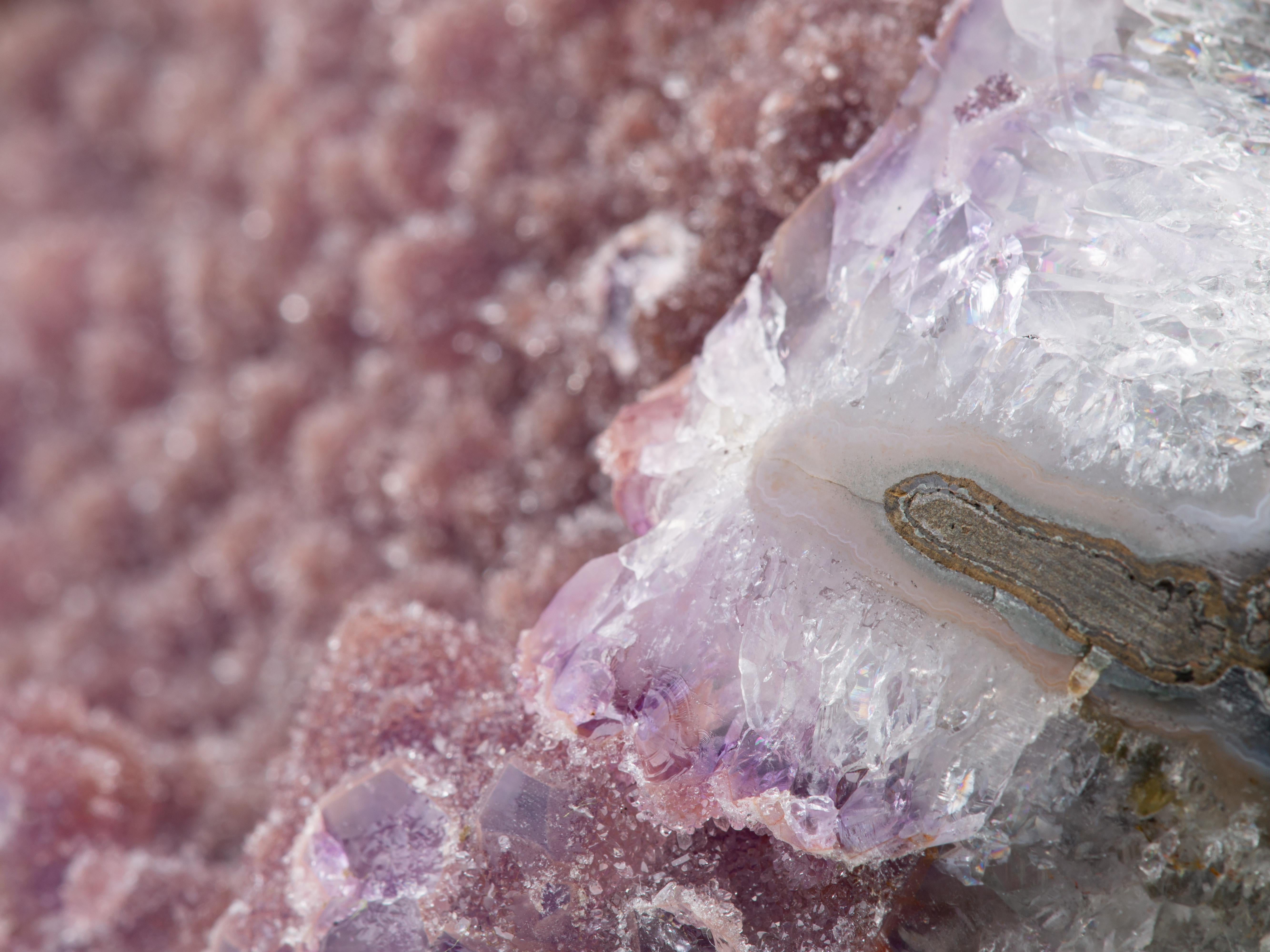 Pink Druzy Amethyst Sculptural Formation with Central Calcite Crystal For Sale 4
