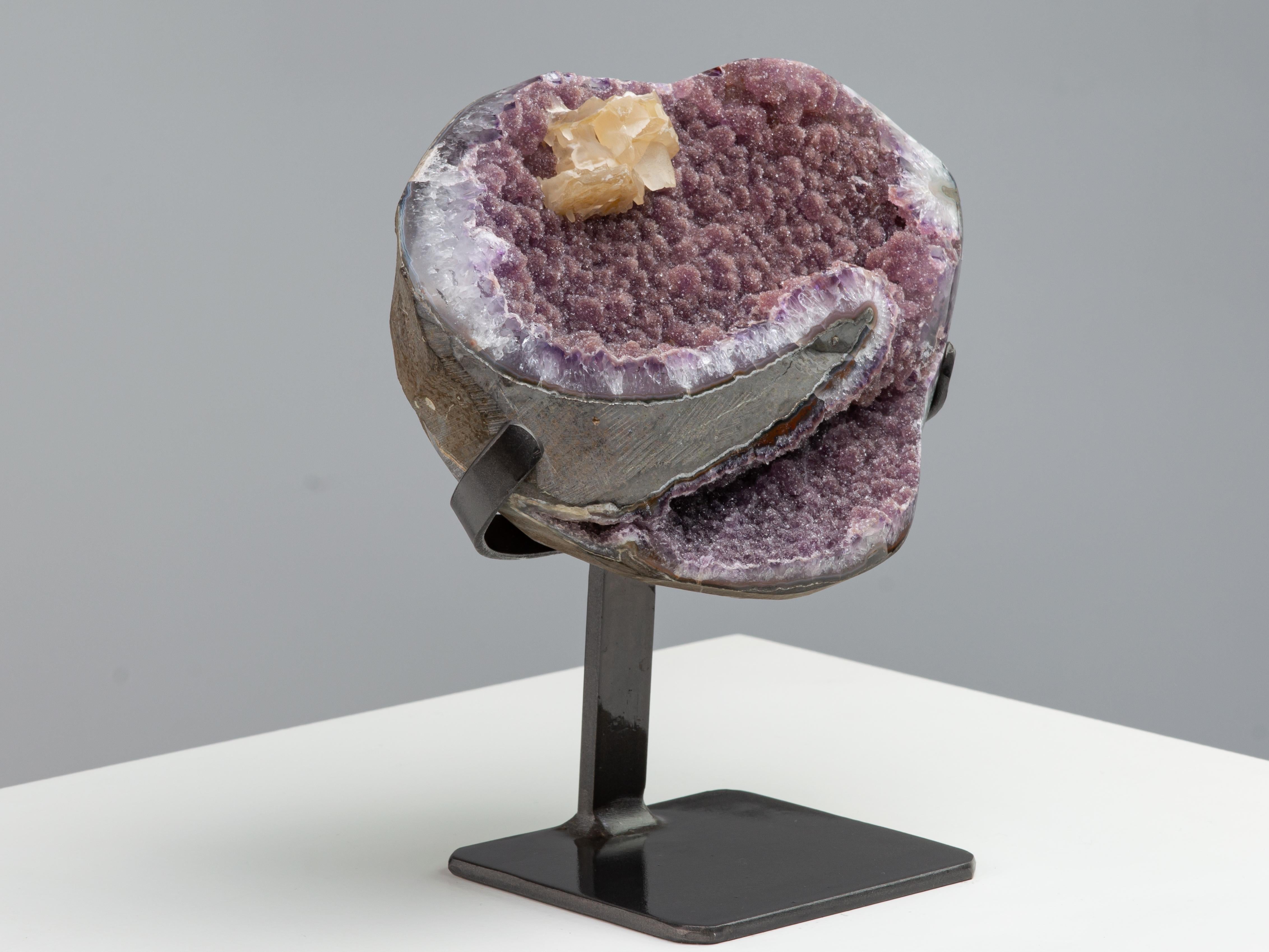 Uruguayan Pink Druzy Amethyst Sculptural Formation with Central Calcite Crystal For Sale