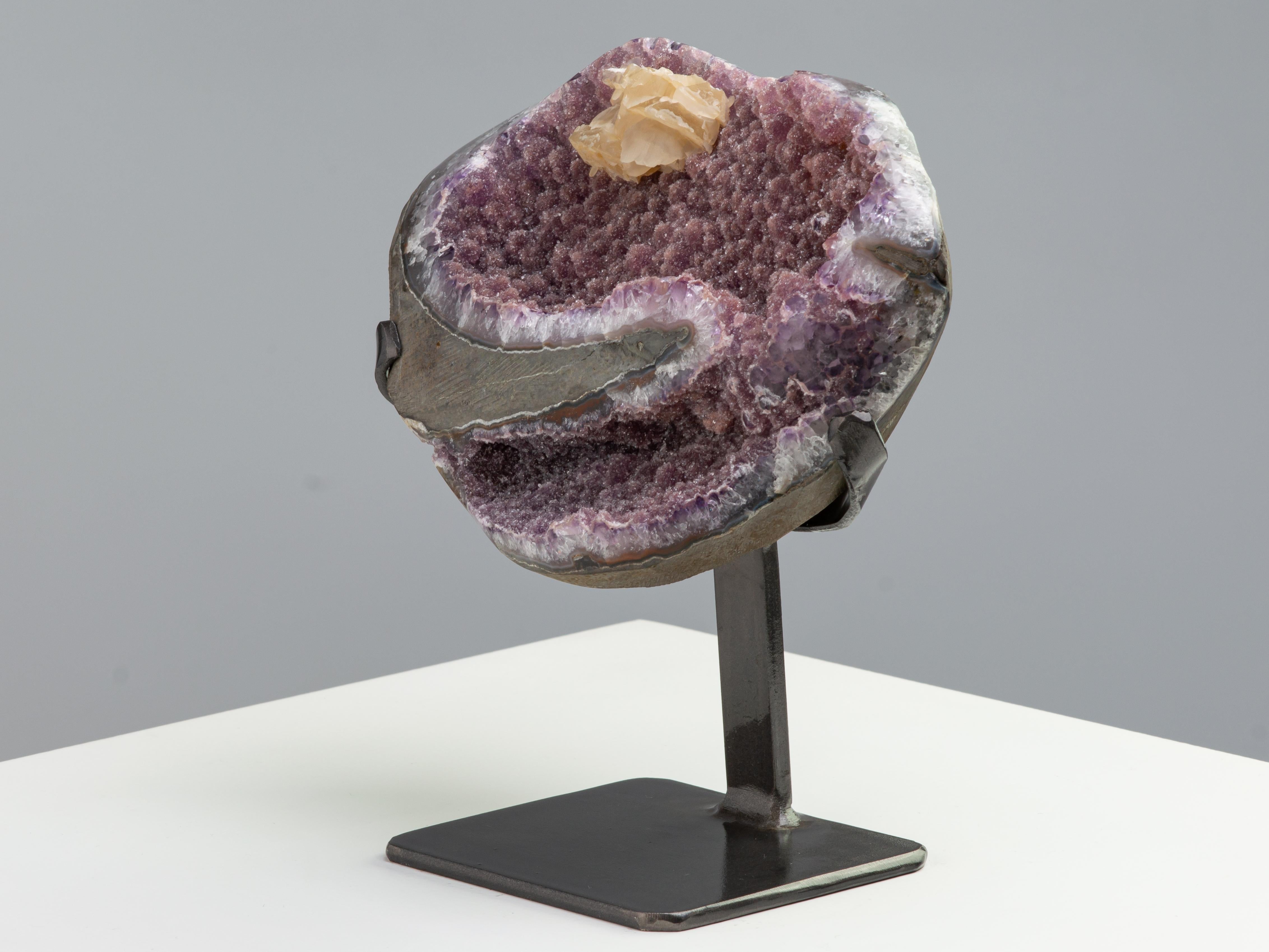 18th Century and Earlier Pink Druzy Amethyst Sculptural Formation with Central Calcite Crystal For Sale