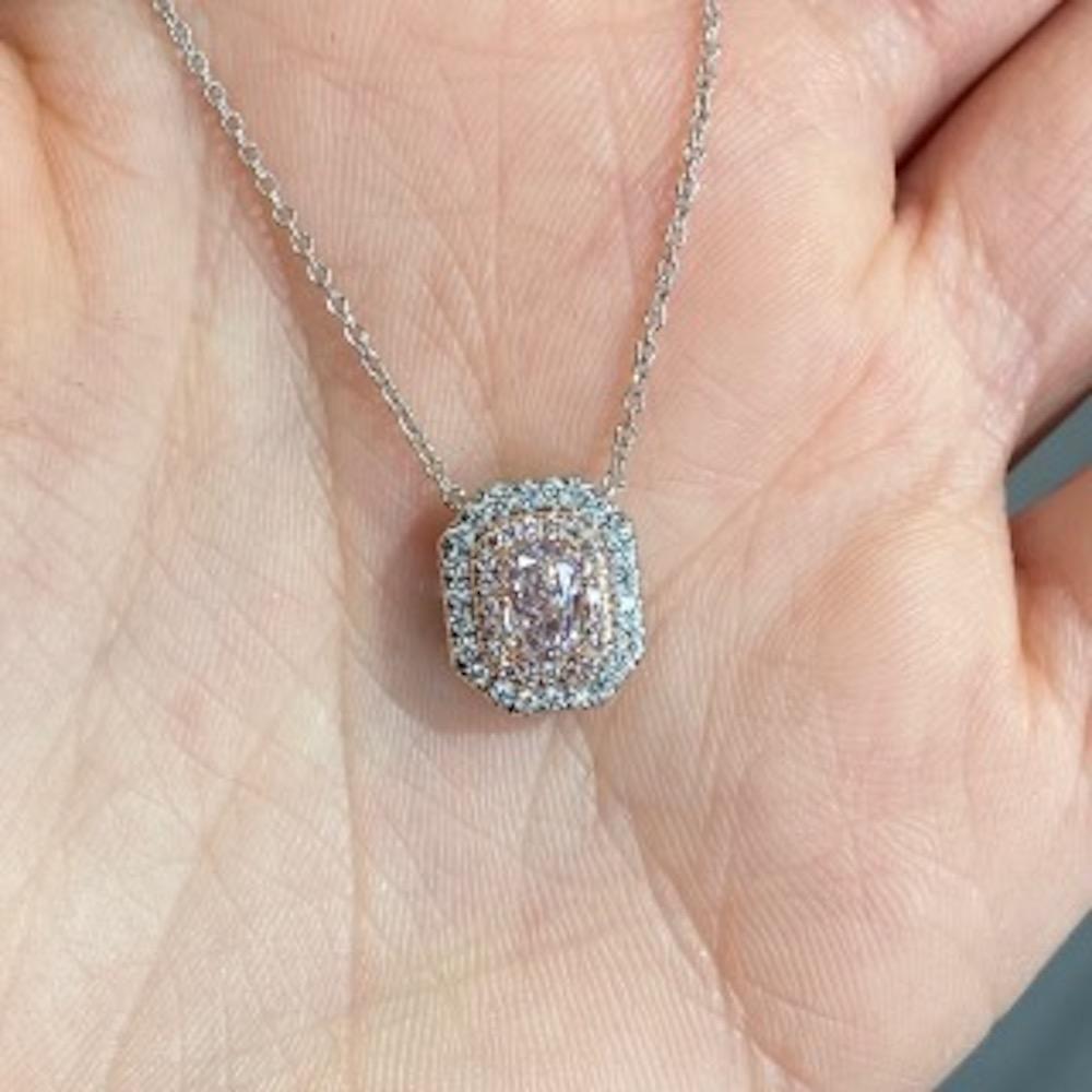 Radiant Cut Rare Colors - Pink Elongated Radiant Diamond Double Halo Pendant For Sale