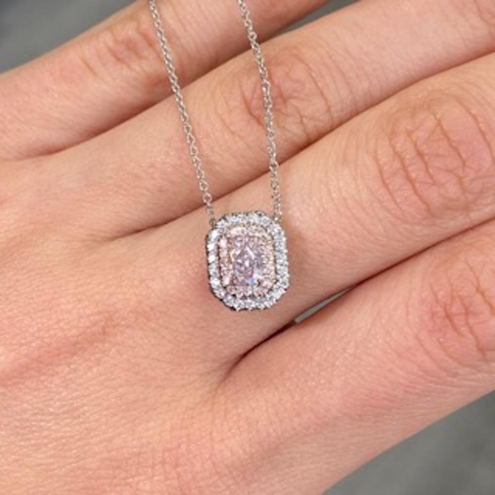Rare Colors - Pink Elongated Radiant Diamond Double Halo Pendant In New Condition For Sale In New York, NY