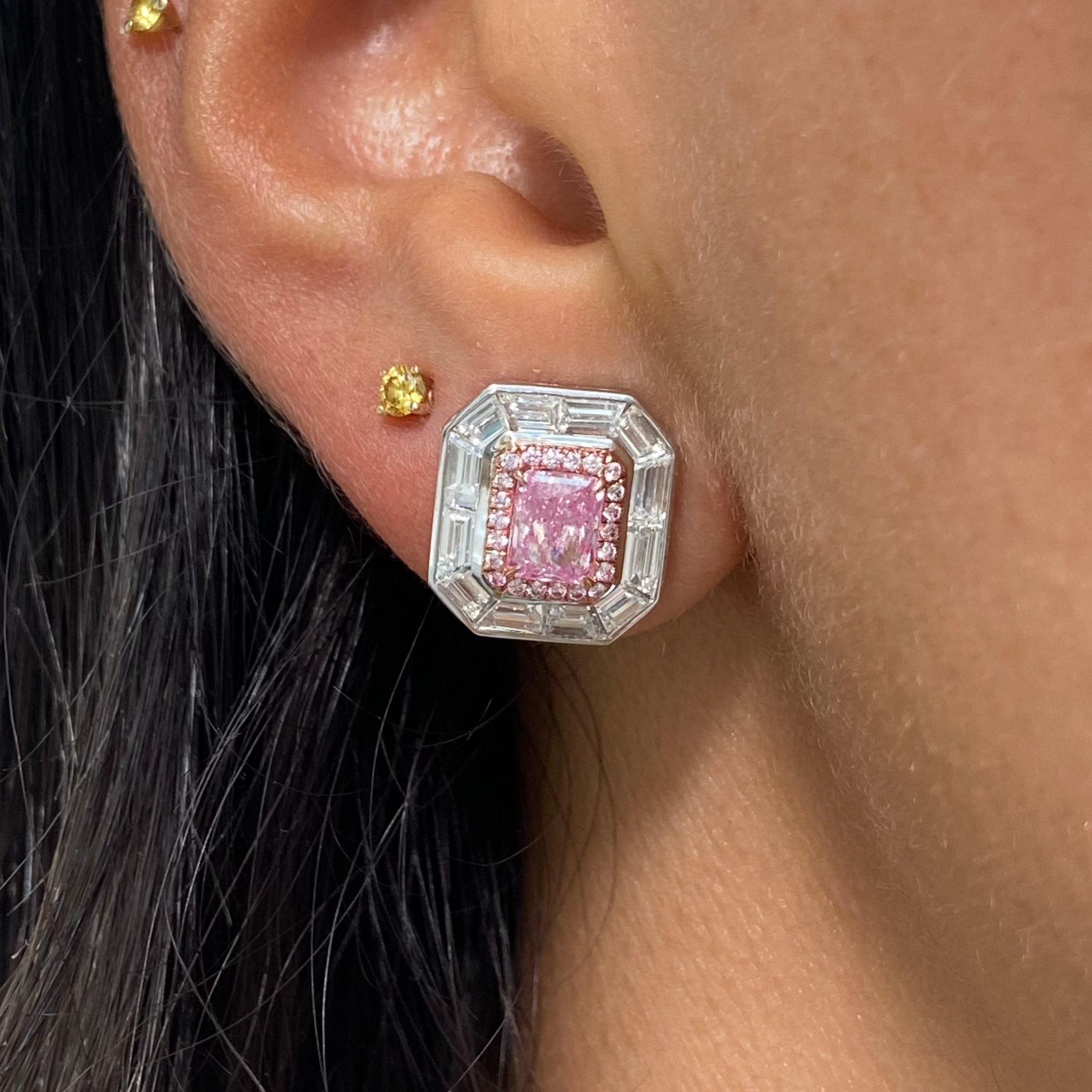 Radiant Cut Pink Elongated Radiant Diamond Studs For Sale