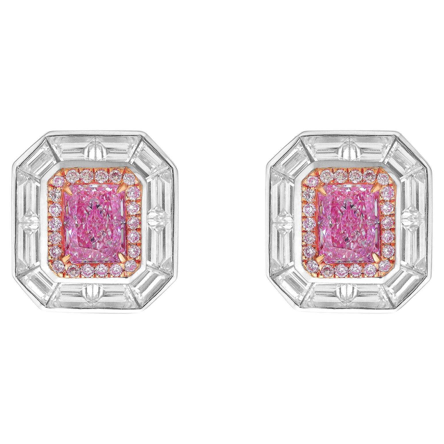 Pink Elongated Radiant Diamond Studs For Sale