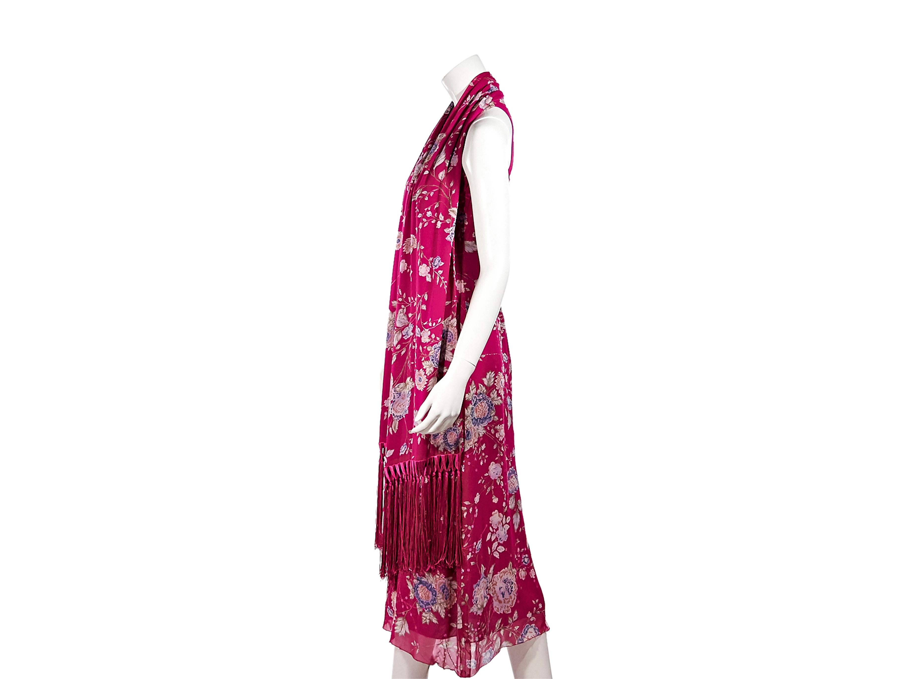 Product details:  Pink floral silk dress with attached scarf by Emanuel Ungaro.  Roundneck.  Sleeveless.  Keyhole cutout on bodice.  Concealed back zip closure.  34