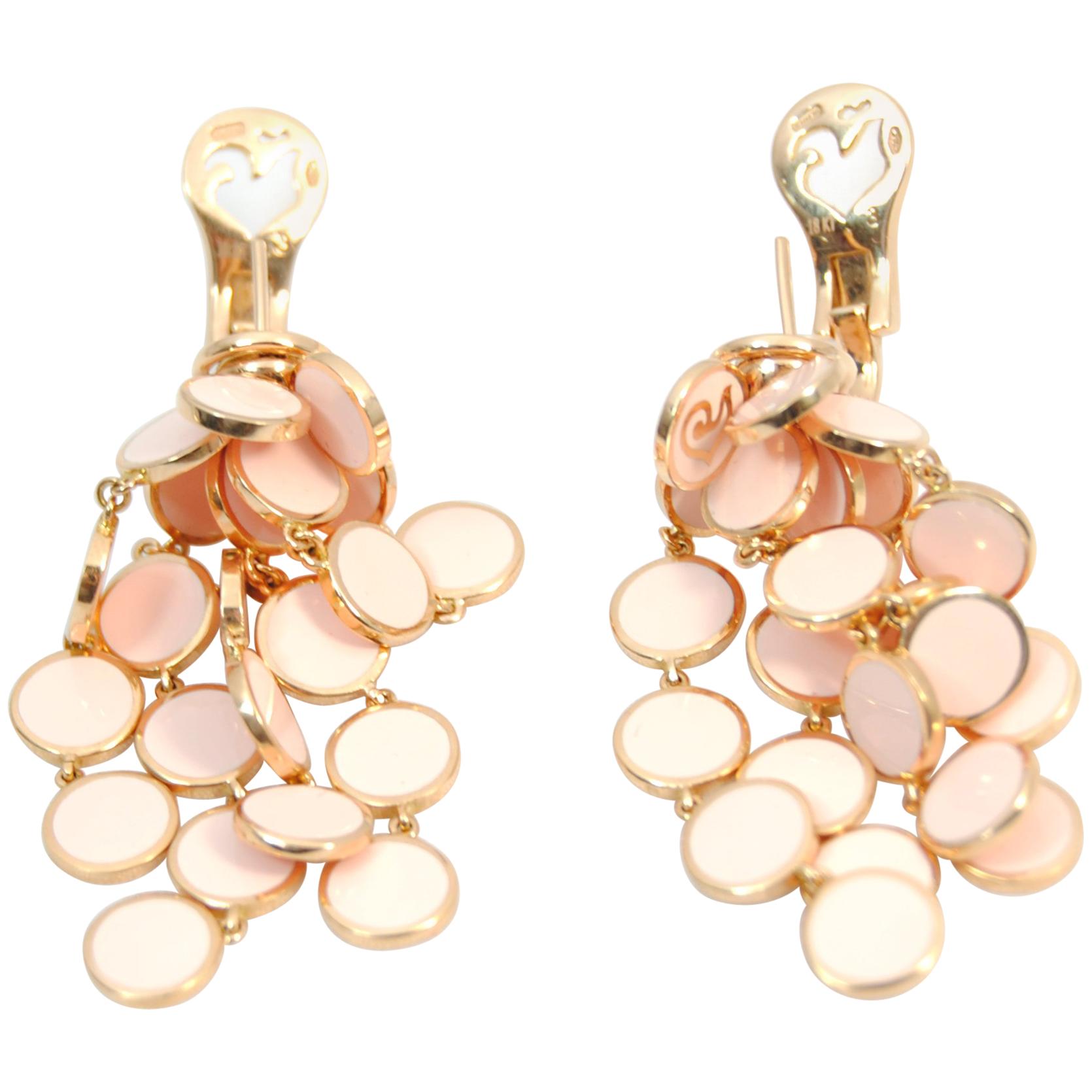 Chantecler "Pailletes" Pink Enamel petals in 18kt Gold Earrings