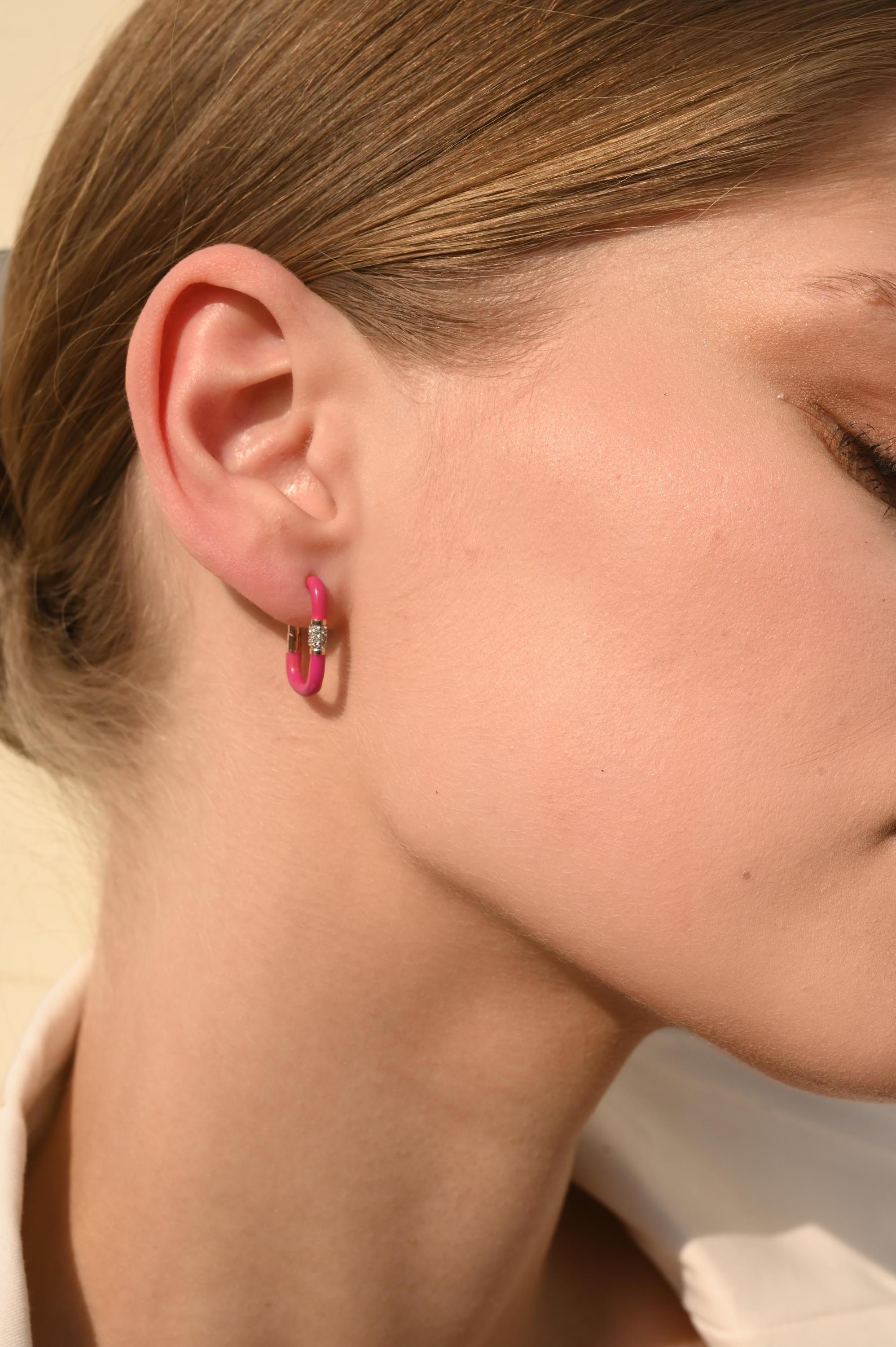 Rectangle Pink Enamel And Diamond Hoops Earring in 14k Gold. A fun, colorful, and personalized addition to your earring stack! Stay on trend by adding these flamboyant enamel pieces and give yourself a fresh look! 
April birthstone diamond brings