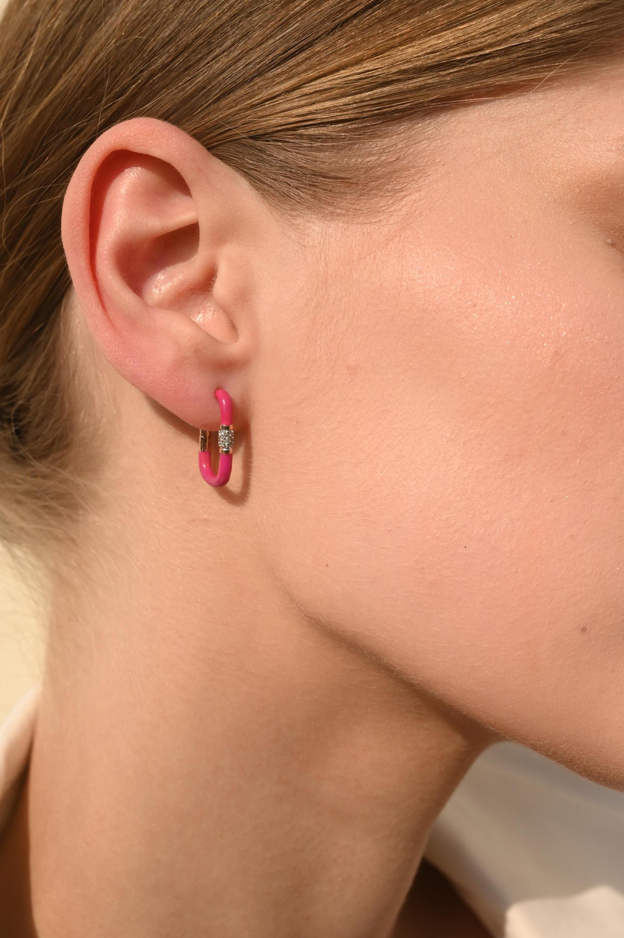 Modern Minimal Rectangle Pink Enamel Diamond Hoop Earrings in Solid 14k Yellow Gold For Sale