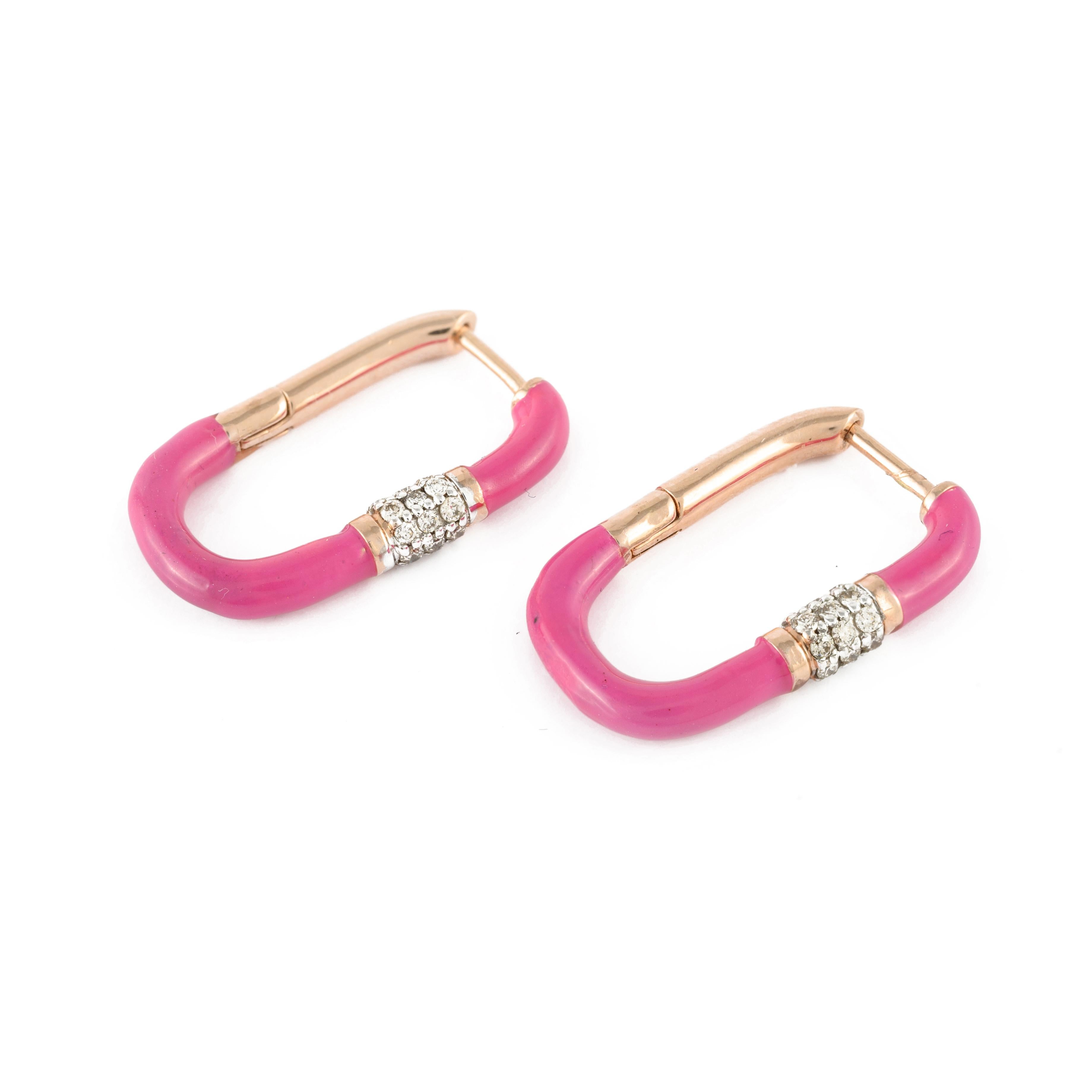 Round Cut Minimal Rectangle Pink Enamel Diamond Hoop Earrings in Solid 14k Yellow Gold For Sale
