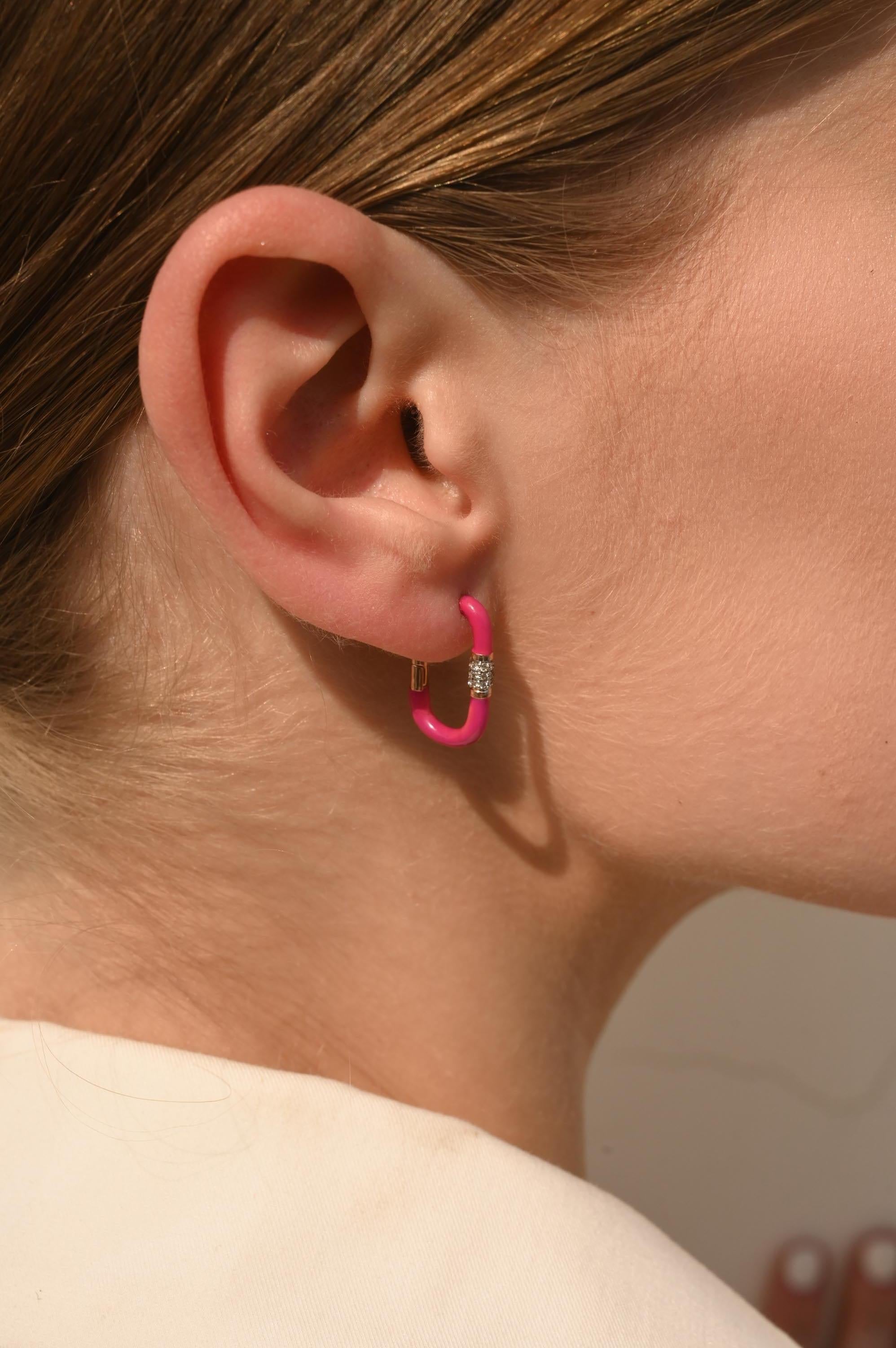 Minimal Rectangle Pink Enamel Diamond Hoop Earrings in Solid 14k Yellow Gold For Sale 1