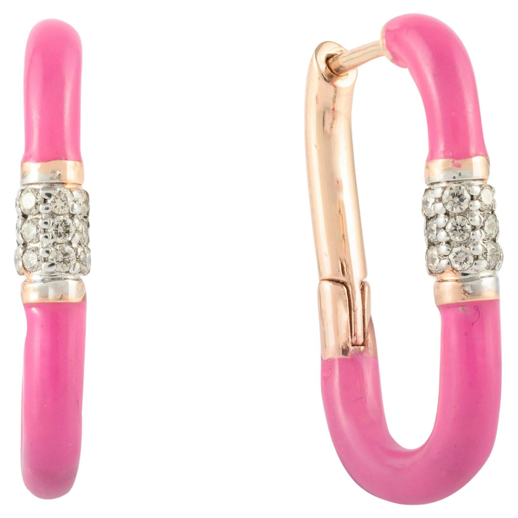 Minimal Rectangle Pink Enamel Diamond Hoop Earrings in Solid 14k Yellow Gold For Sale