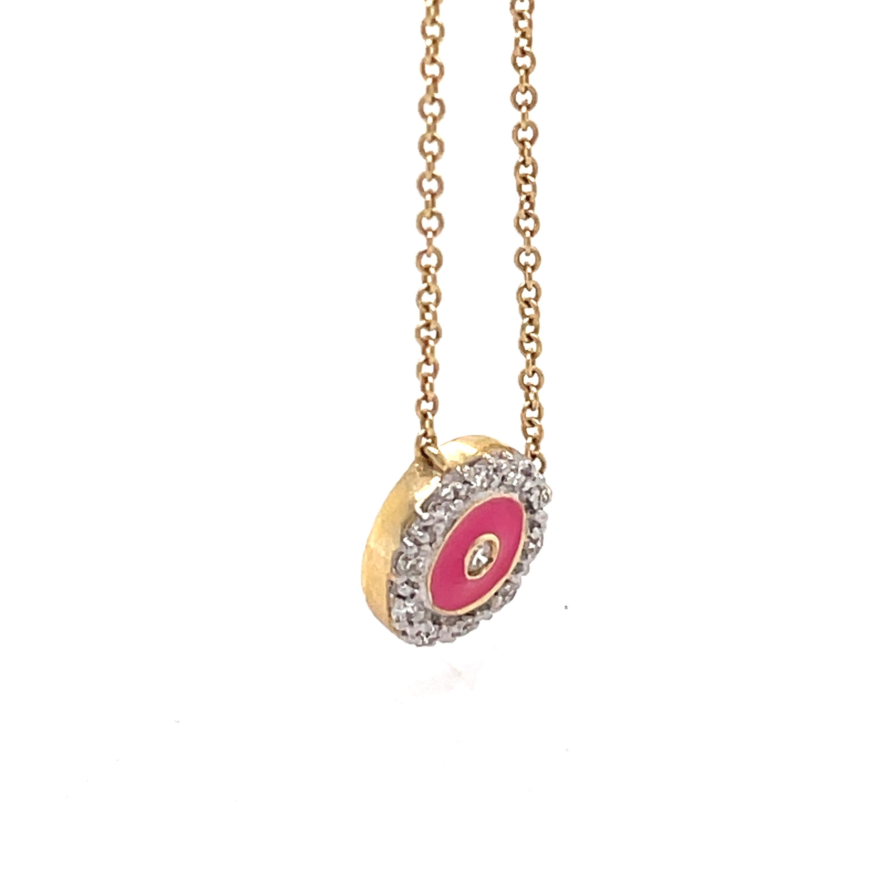 Pink Enamel and Diamond Necklace, Circle Pendant, 14K Yellow Gold Women Necklace For Sale 7
