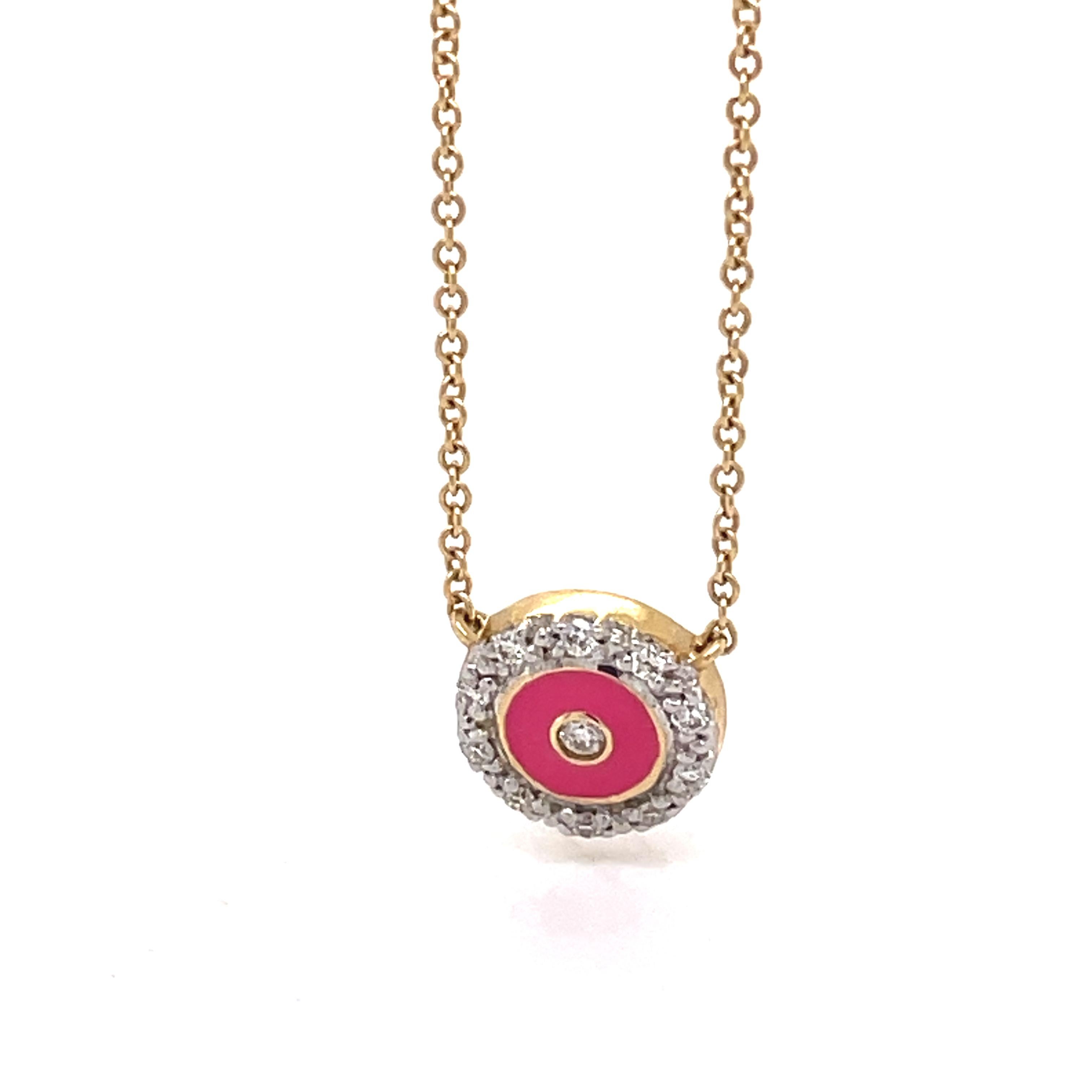 Pink Enamel and Diamond Necklace, Circle Pendant, 14K Yellow Gold Women Necklace For Sale 8