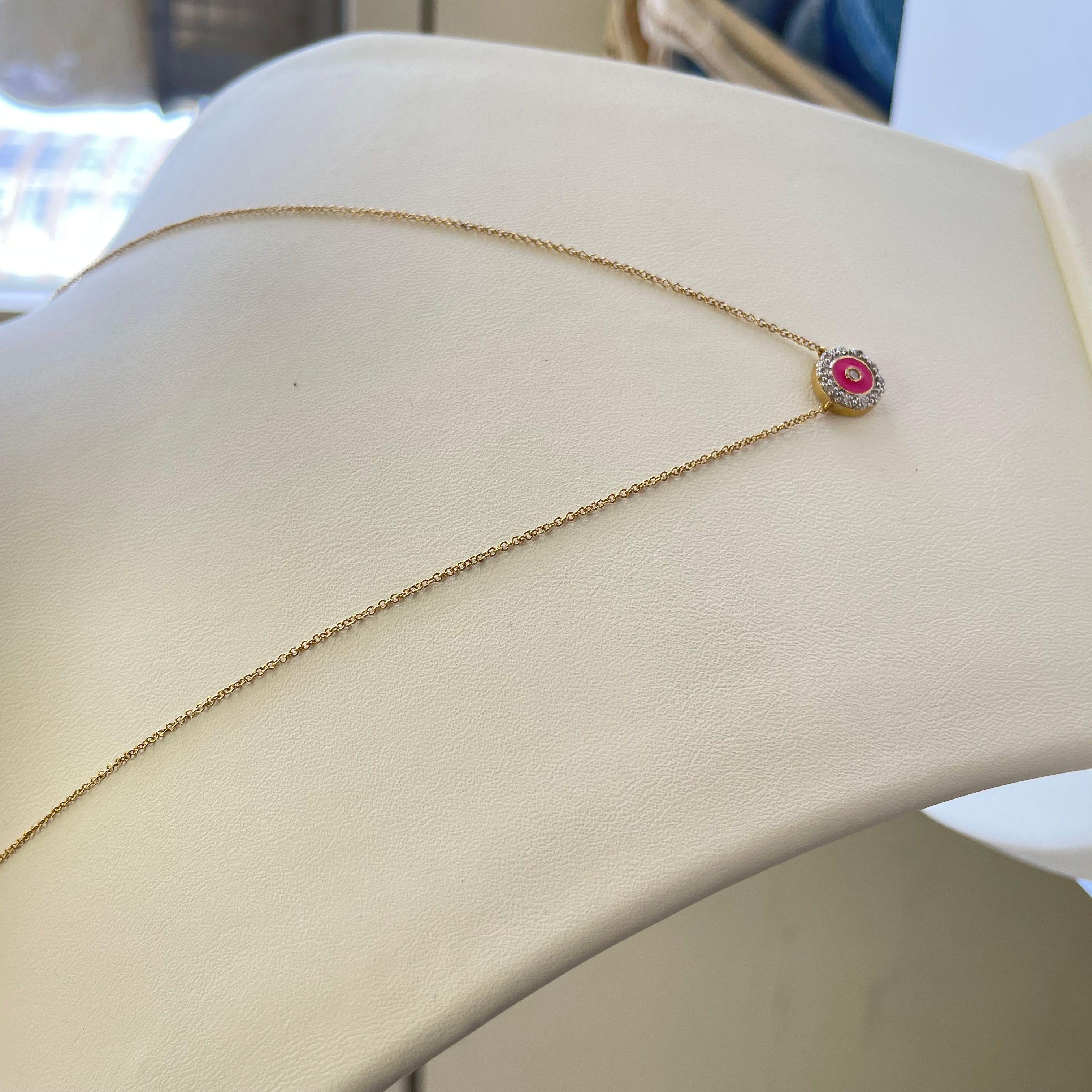 Pink Enamel and Diamond Necklace, Circle Pendant, 14K Yellow Gold Women Necklace In New Condition For Sale In Ramat Gan, IL