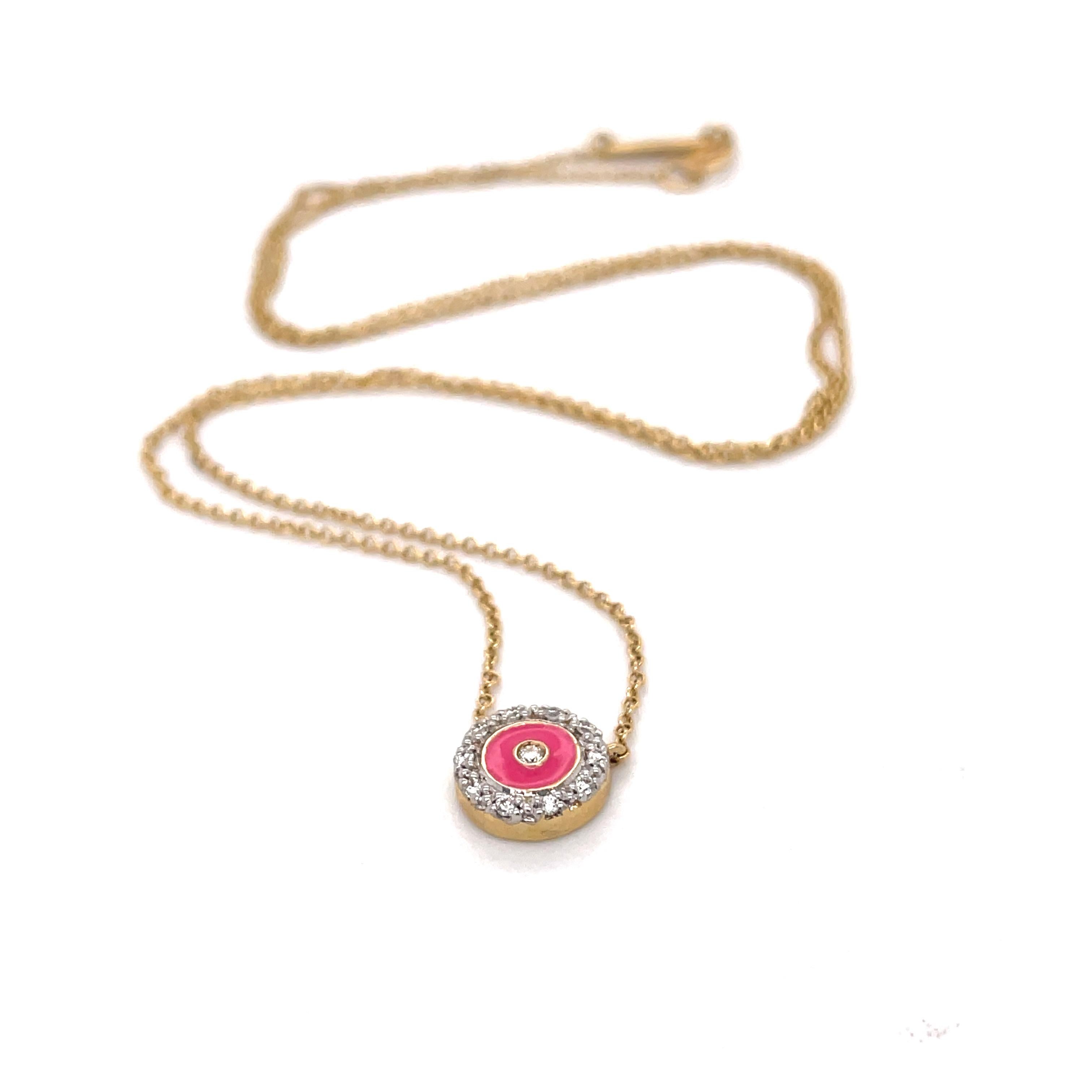 Pink Enamel and Diamond Necklace, Circle Pendant, 14K Yellow Gold Women Necklace For Sale 1