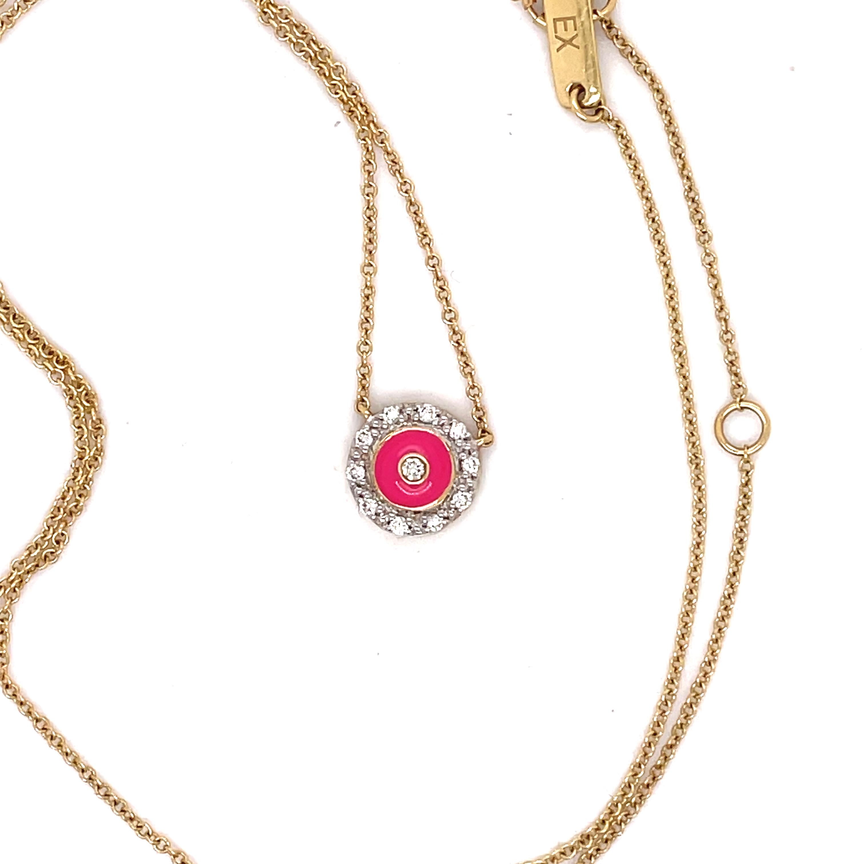 Pink Enamel and Diamond Necklace, Circle Pendant, 14K Yellow Gold Women Necklace For Sale 2
