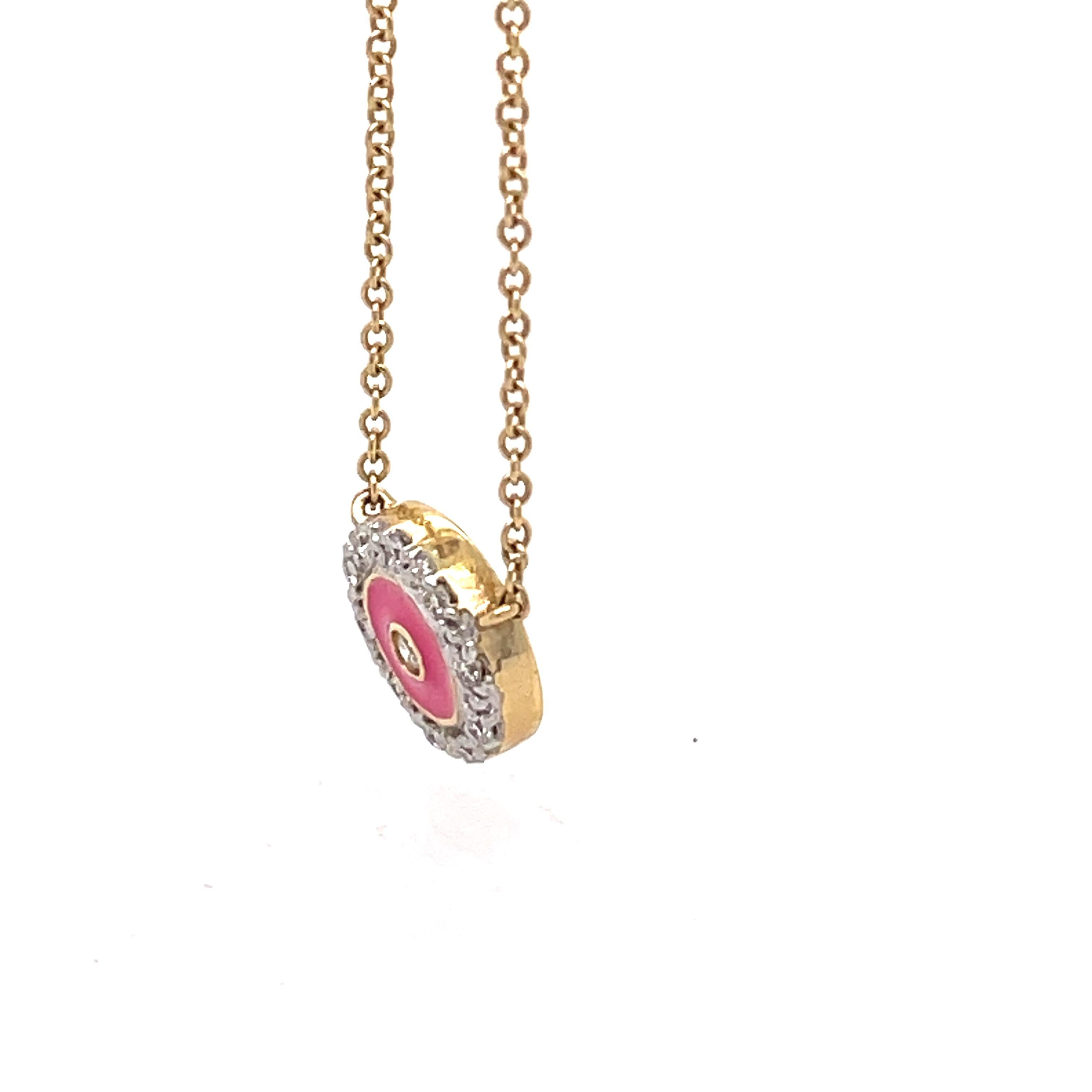 Pink Enamel and Diamond Necklace, Circle Pendant, 14K Yellow Gold Women Necklace For Sale 3