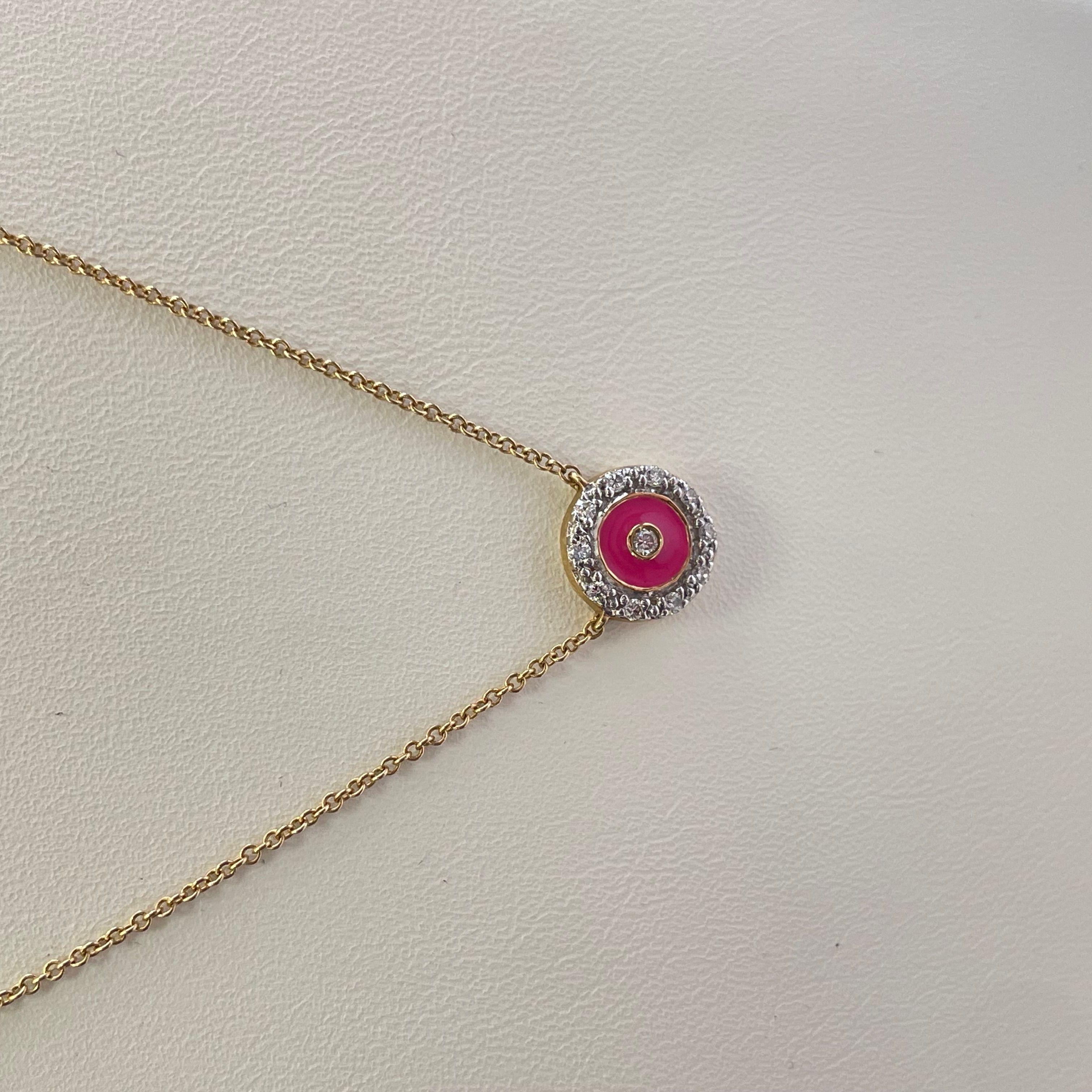 Pink Enamel and Diamond Necklace, Circle Pendant, 14K Yellow Gold Women Necklace For Sale 4