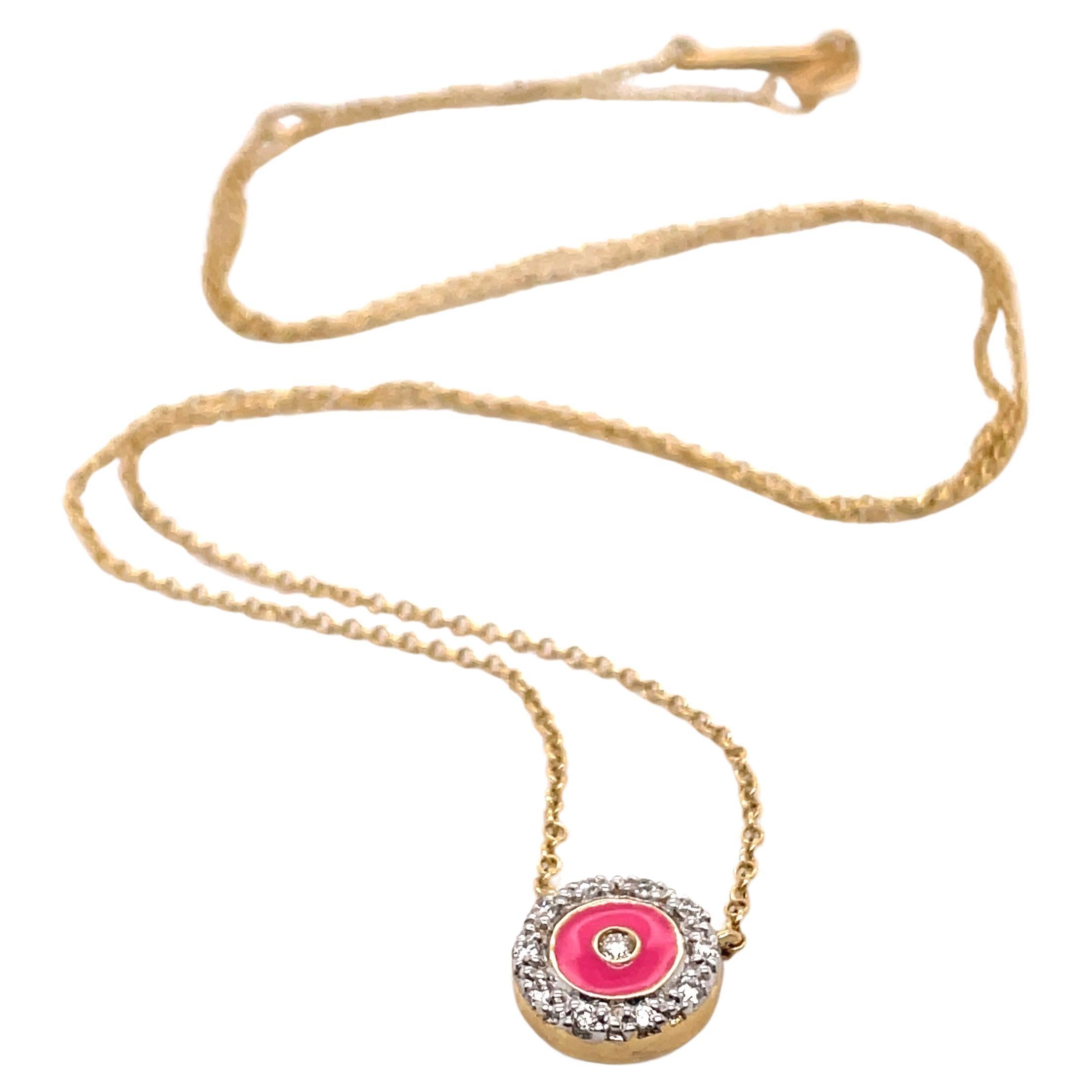 Pink Enamel and Diamond Necklace, Circle Pendant, 14K Yellow Gold Women Necklace For Sale