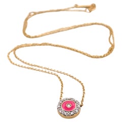 Pink Enamel and Diamond Necklace, Circle Pendant, 14K Yellow Gold Women Necklace