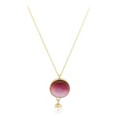 Pink Enamel and Pearl Pendant Necklace in 14K Yellow Gold