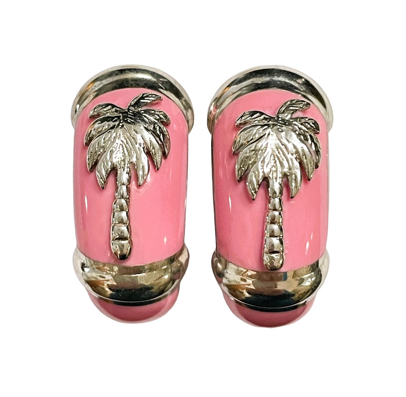 Women's Pink Enamel and Sterling Silver Palm Tree Earrings Omega Clip Post Backs